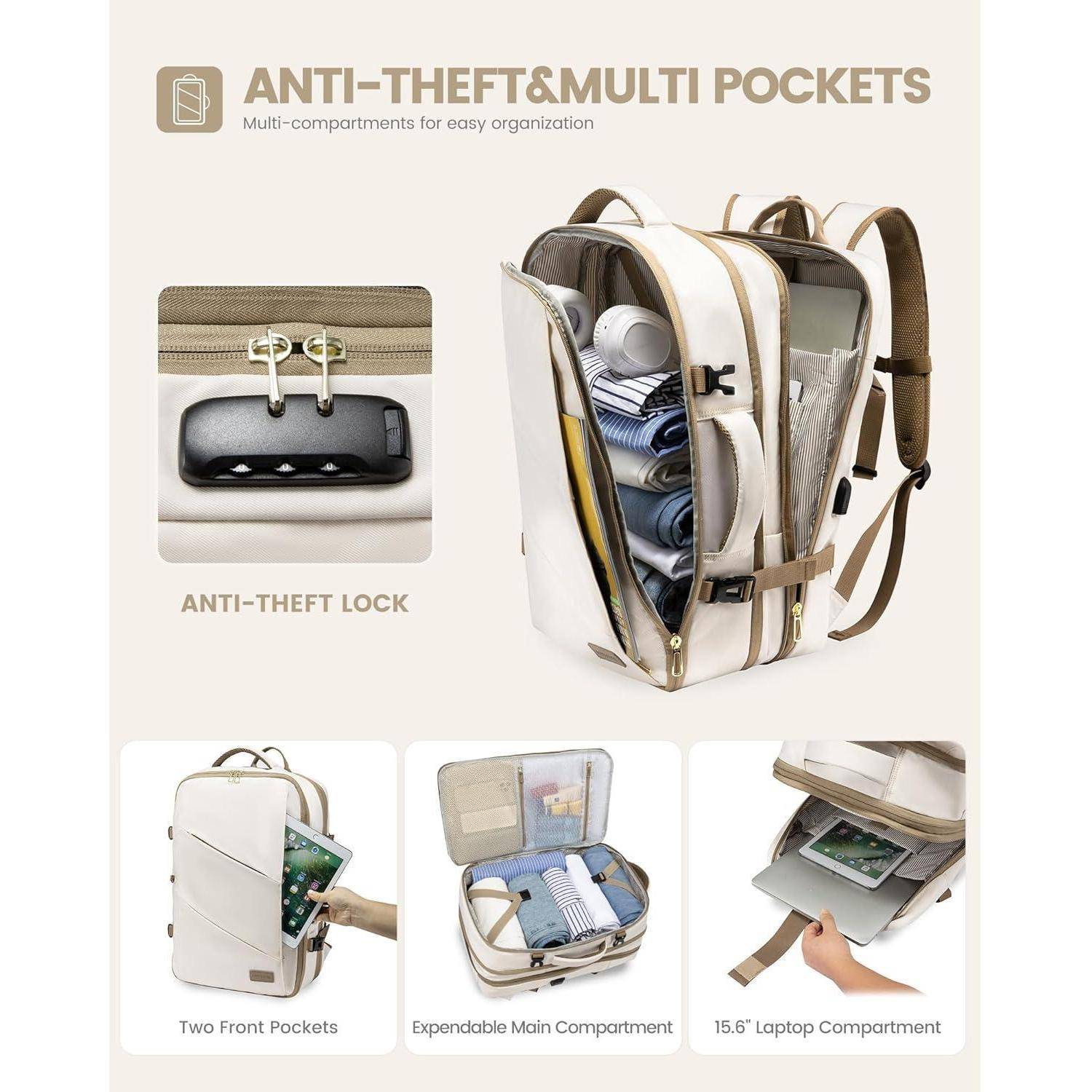 Rucksack Handgepäck Flugzeug Laptop Daypack 30L Wasserfest Beige Khaki