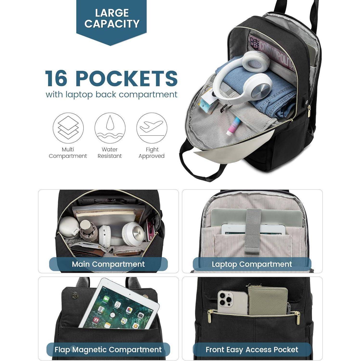 Rucksack mit 'großem Fassungsvermögen' mit 16 Taschen, darunter Hauptfach, Laptopfach, magnetische Klappe und Vordertaschen für einfachen Zugriff. Geeignet für Arbeit und Reisen.