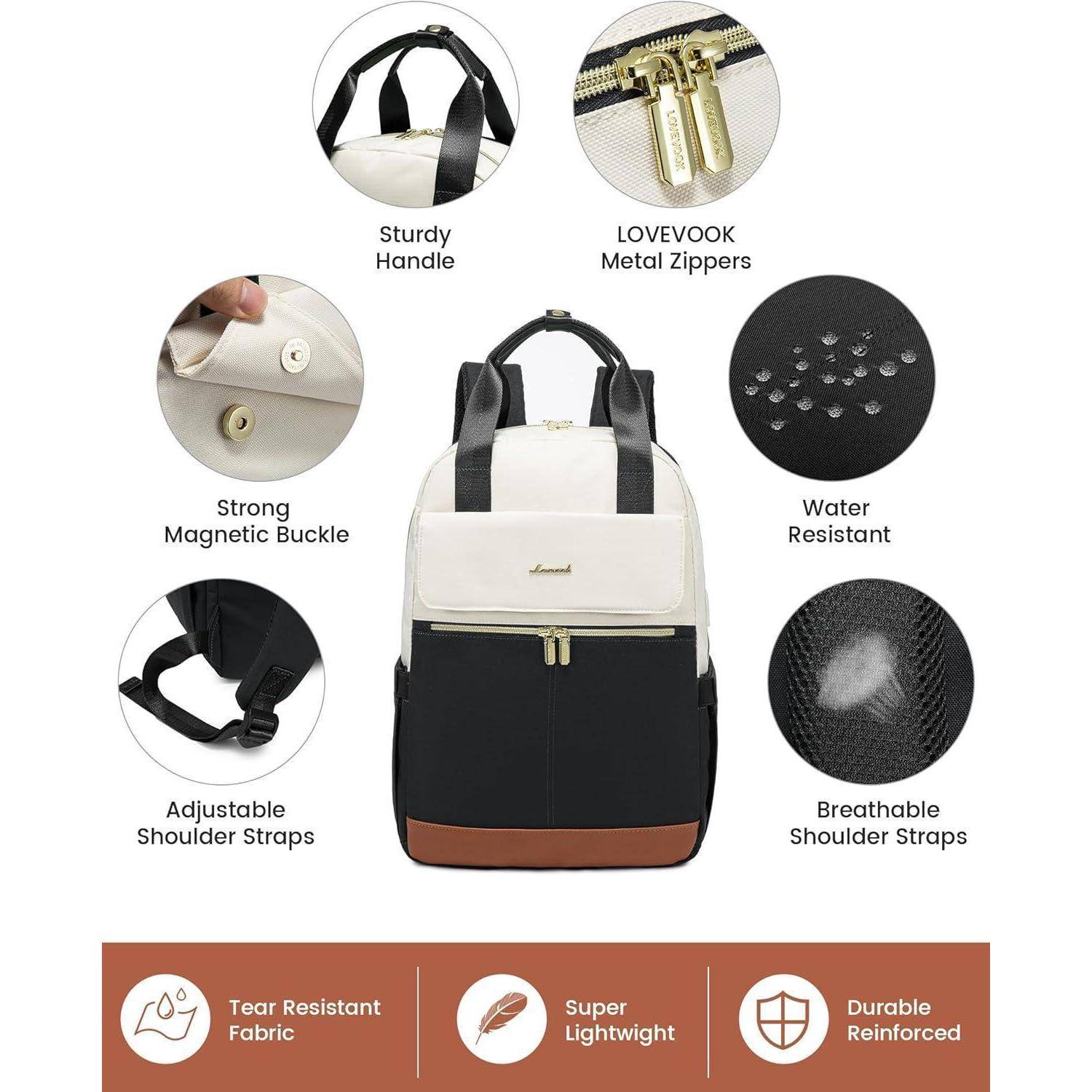 Rucksack-Eigenschaften: robuster Griff, LOVEVOOK Metallreißverschlüsse, starke magnetische Schnalle, verstellbare Riemen, wasserabweisend, atmungsaktive Träger.