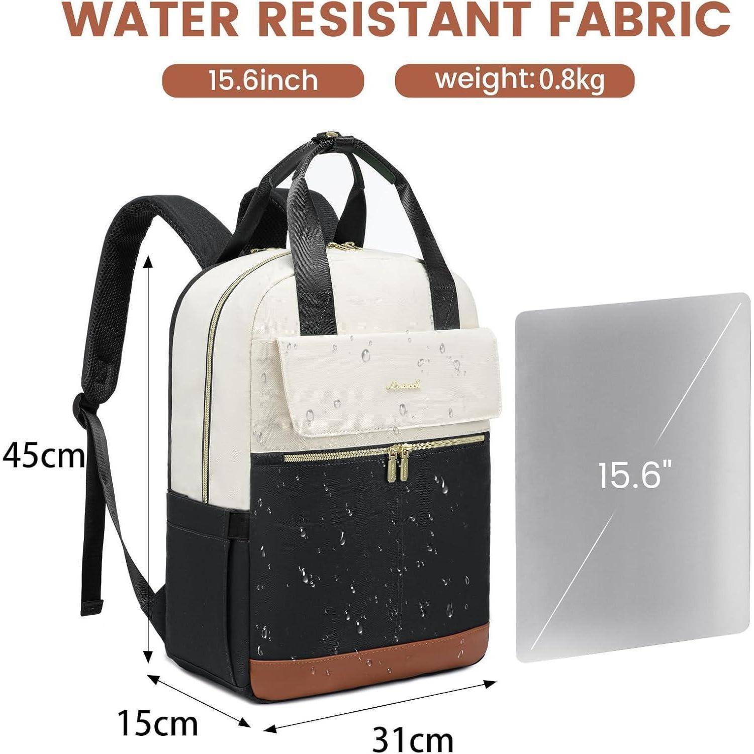 Rucksack aus 'wasserabweisendem Stoff', für Laptops bis 15,6 Zoll, 0,8 kg. Weiß und schwarz mit brauner Basis. Abmessungen: 31 cm x 15 cm x 45 cm.