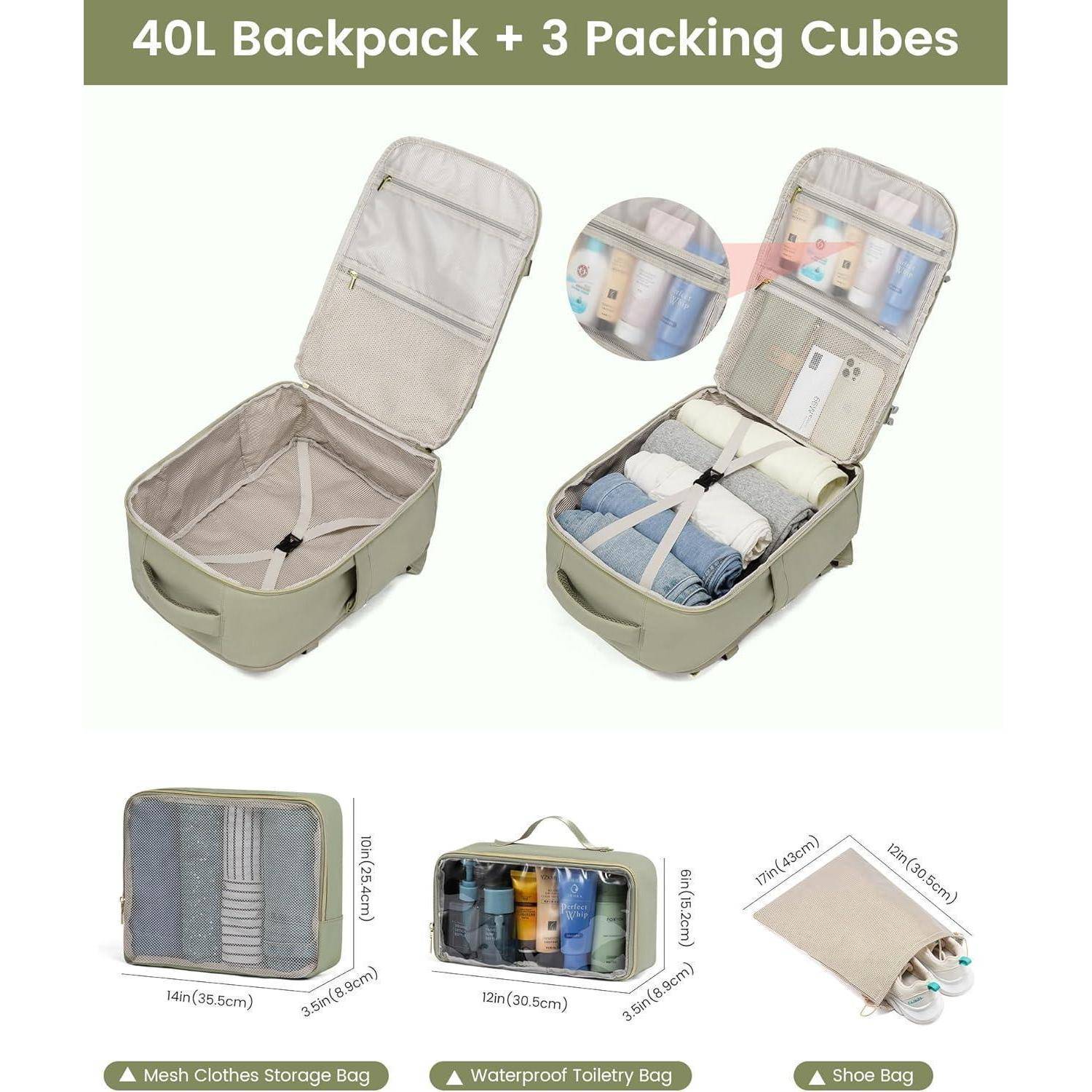 Bild zeigt einen 40-Liter-Rucksack mit drei Packtaschen: einer Netztasche für Aufbewahrung, einer wasserdichten Kulturtasche und einer Schuhbeutel.