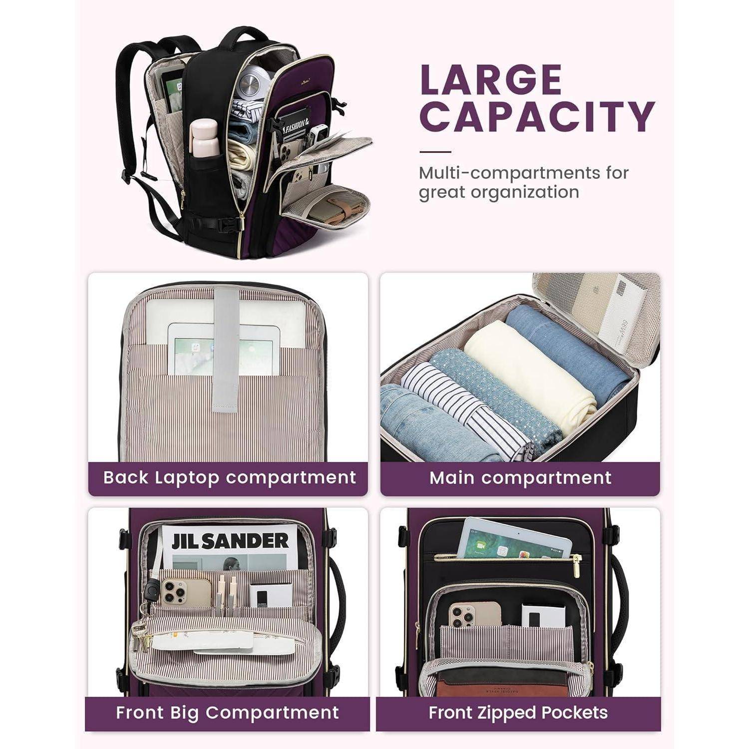 Damen Reiserucksack Schwarz 40L Handgepäck Rucksack wasserdicht mit 3