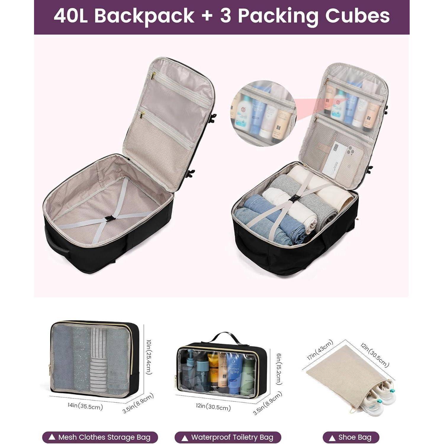 Damen Reiserucksack Schwarz 40L Handgepäck Rucksack wasserdicht mit 3