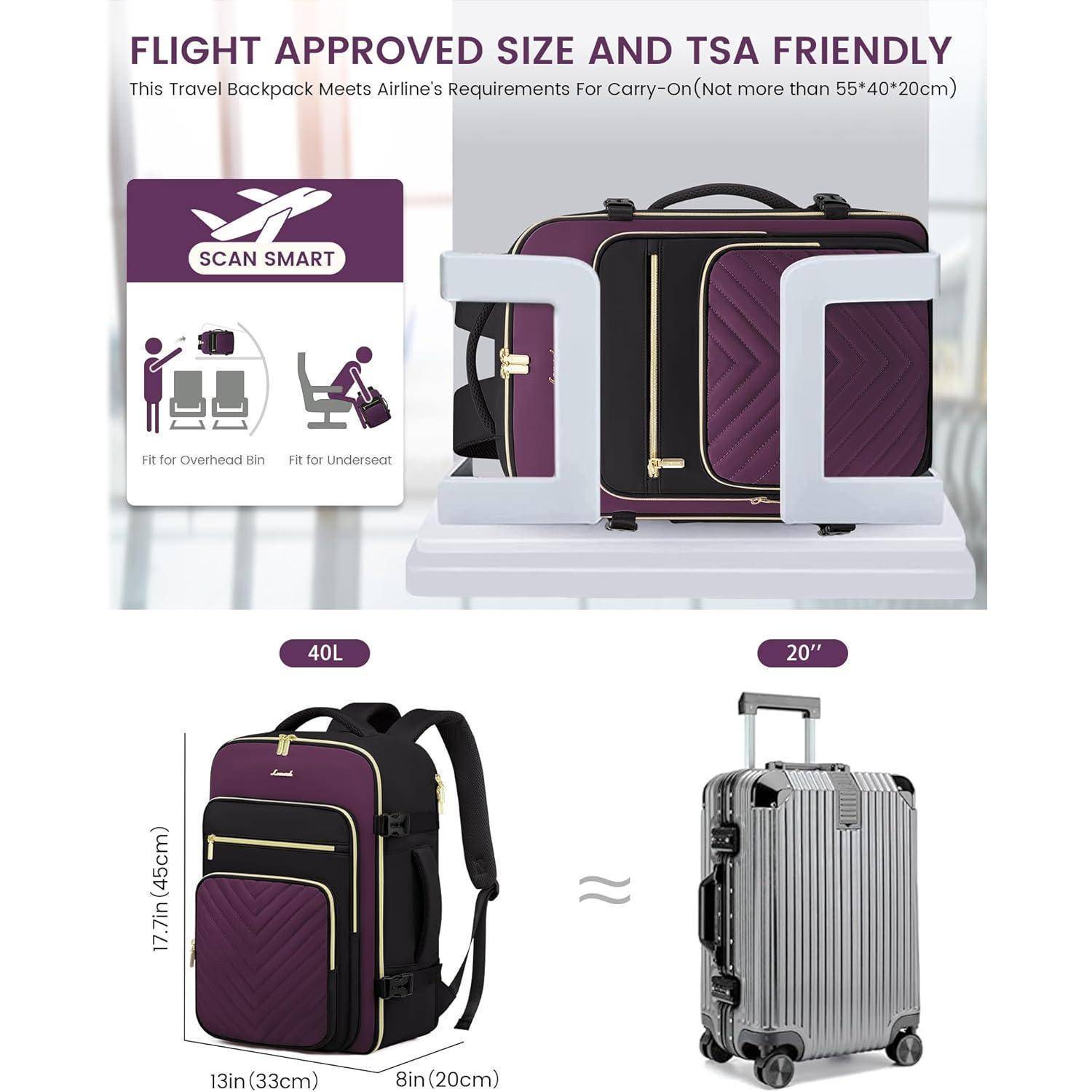 Damen Reiserucksack Schwarz 40L Handgepäck Rucksack wasserdicht mit 3