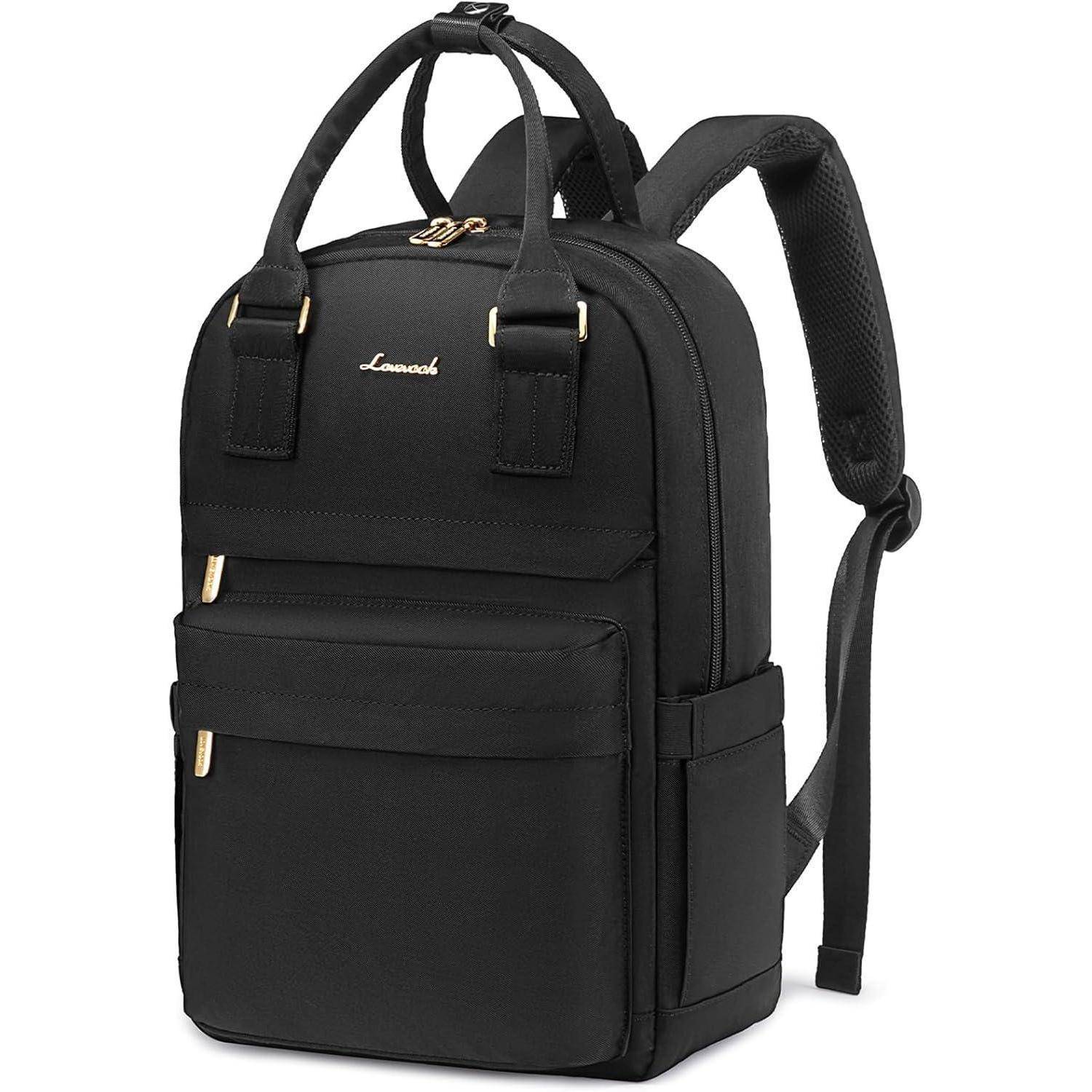 Ein schlanker schwarzer Rucksack mit verstellbaren Trägern, ausgestattet mit zwei Hauptfächern und Seitentaschen zur Aufbewahrung. Der Markenname ist auf der Vorderseite sichtbar.