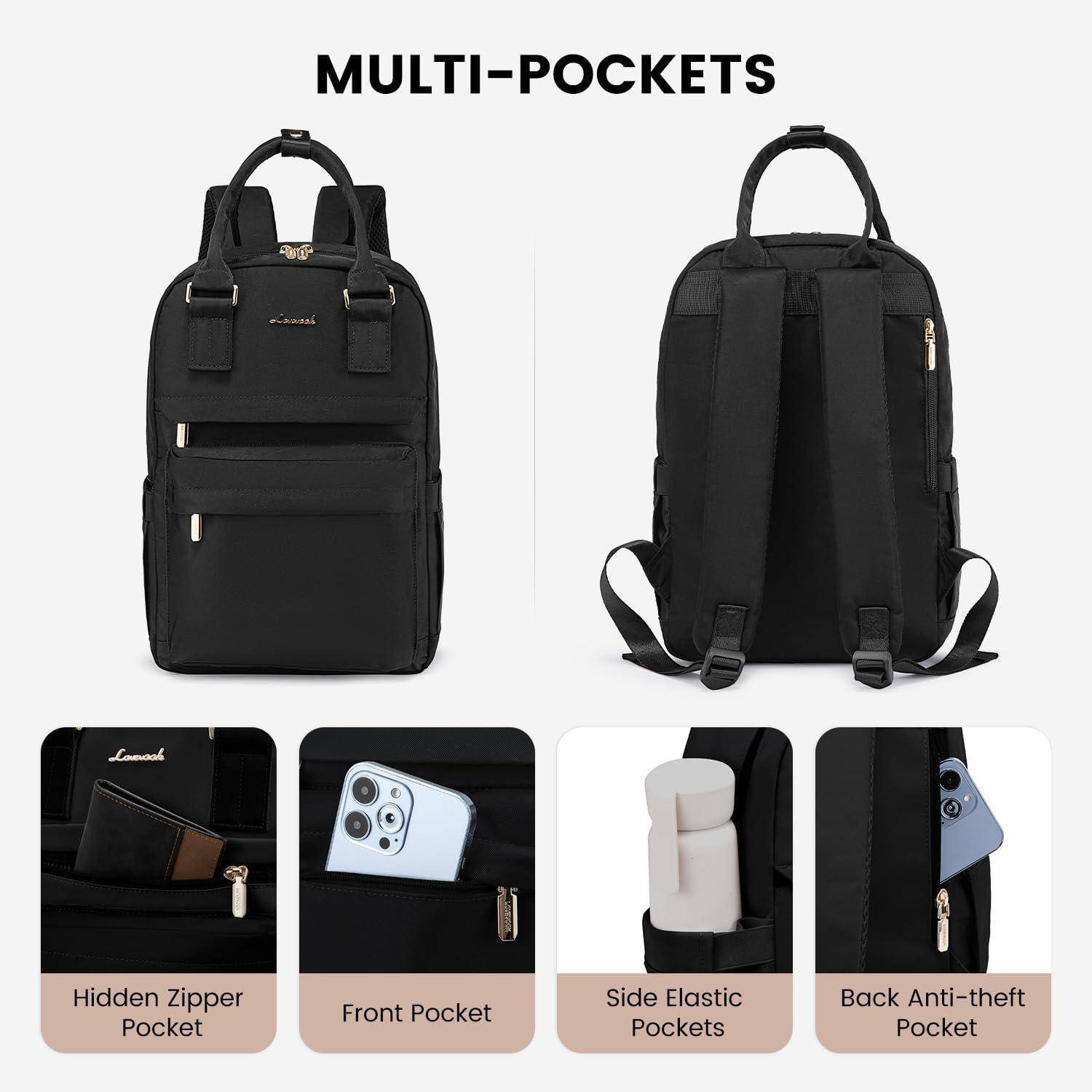 Schwarzer 'Multi-Pockets' Rucksack mit verstecktem Reißverschluss, vorderen, seitlichen und elastischen sowie rückseitigen Diebstahlschutz-Taschen, mit verschiedenen Gegenständen präsentiert.