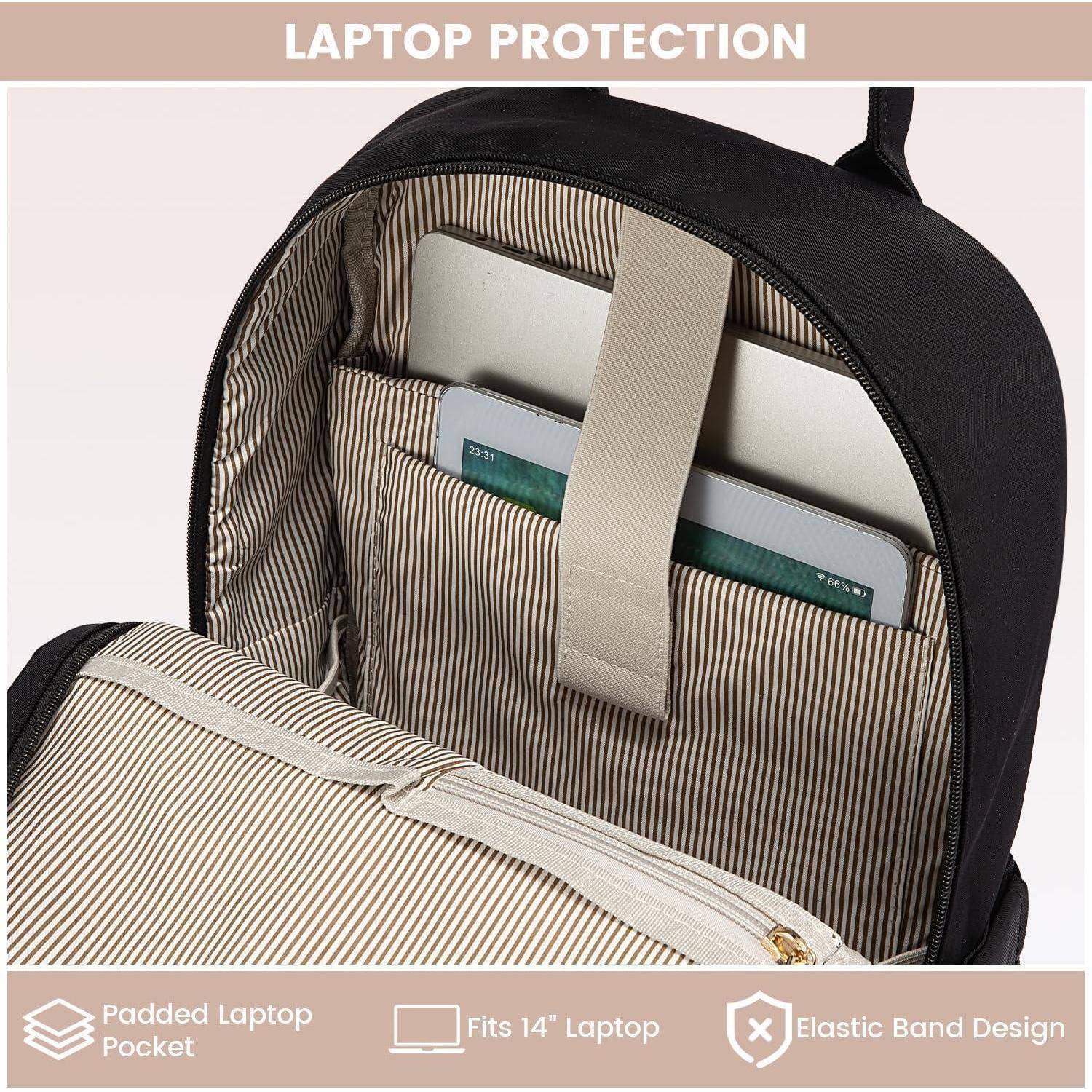 Schwarzer Rucksack geöffnet, zeigt gepolsterte Laptoptasche mit Gummizugband. Passt für Laptops bis 14 Zoll. Topmerkmale umfassen gepolsterten Schutz und durchdachtes Organisationsdesign.