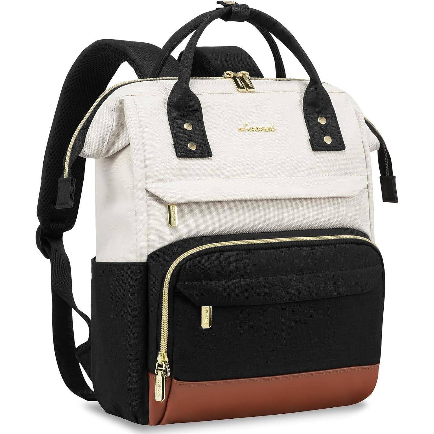 Ein stilvoller Rucksack mit weißem Oberteil, schwarzem Hauptkörper und brauner Basis. Ausstattungsmerkmale umfassen eine Fronttasche, doppelte Griffe und goldfarbene Reißverschlüsse.