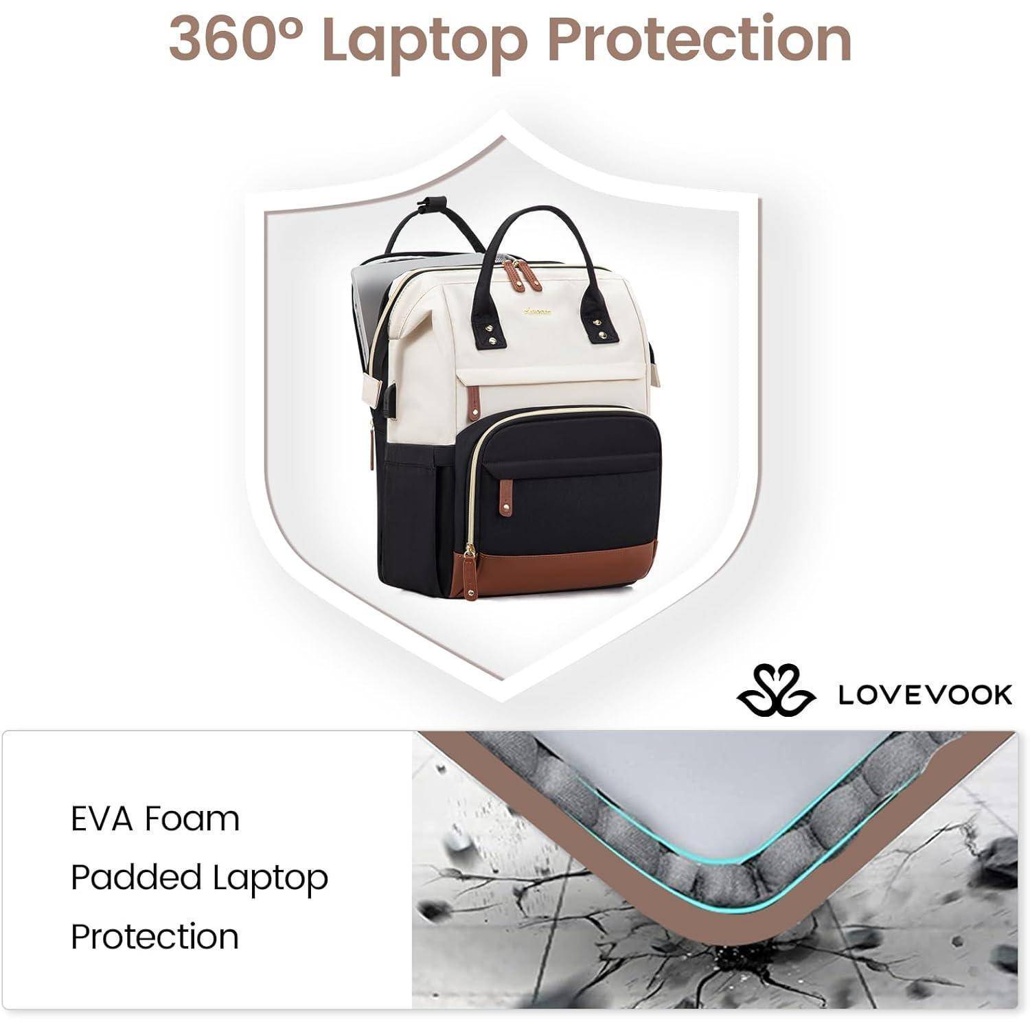 360° Laptop Schutz' Bild zeigt einen stilvollen Rucksack mit Polsterung und EVA-Schaumstofflagen für verbesserten Schutz; Marke 'LOVEVOOK'.