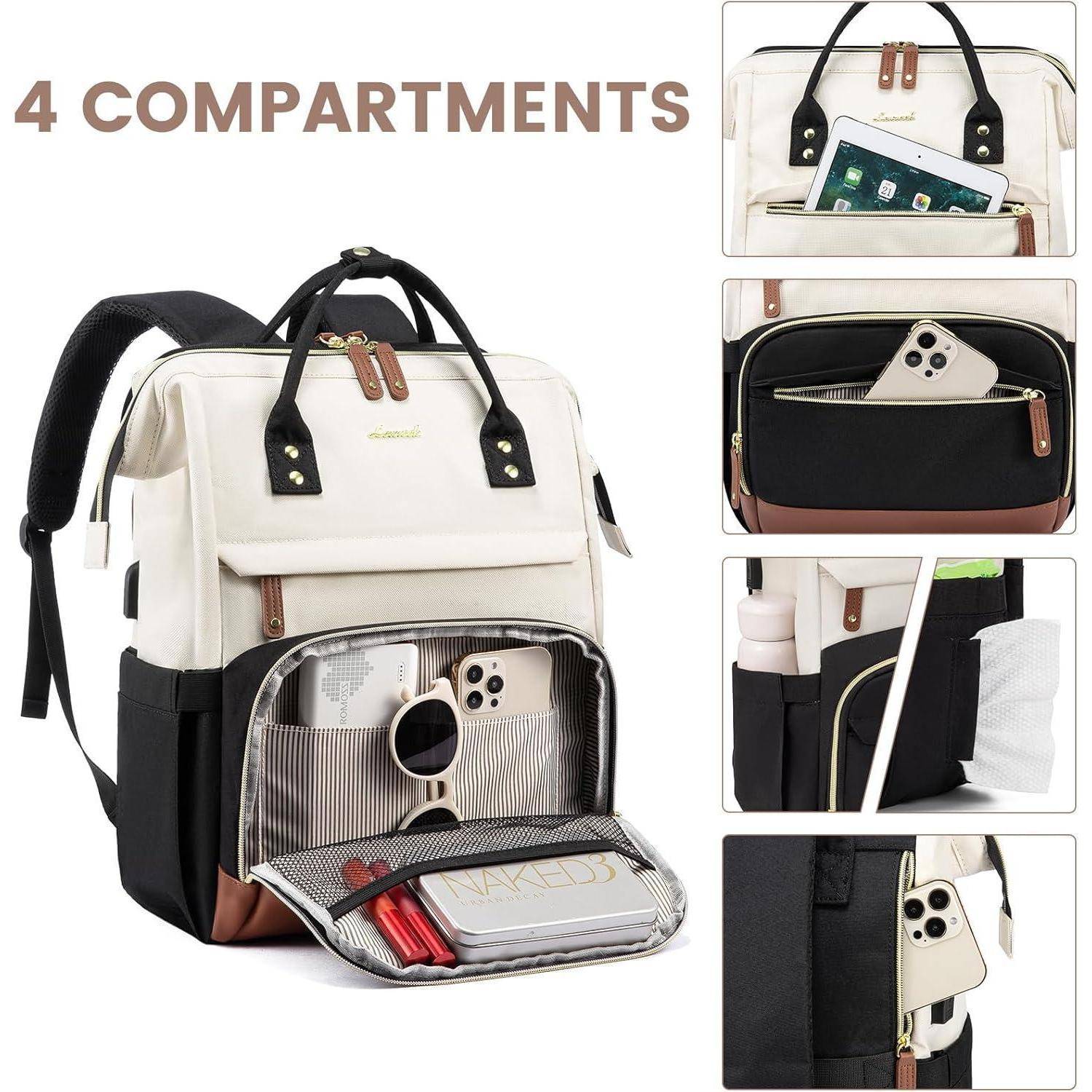 Rucksack mit vier Fächern; enthält gepolstertes Laptopfach, Tablet-Tasche, Vordertasche für Smartphone und seitlichen Flaschenhalter.