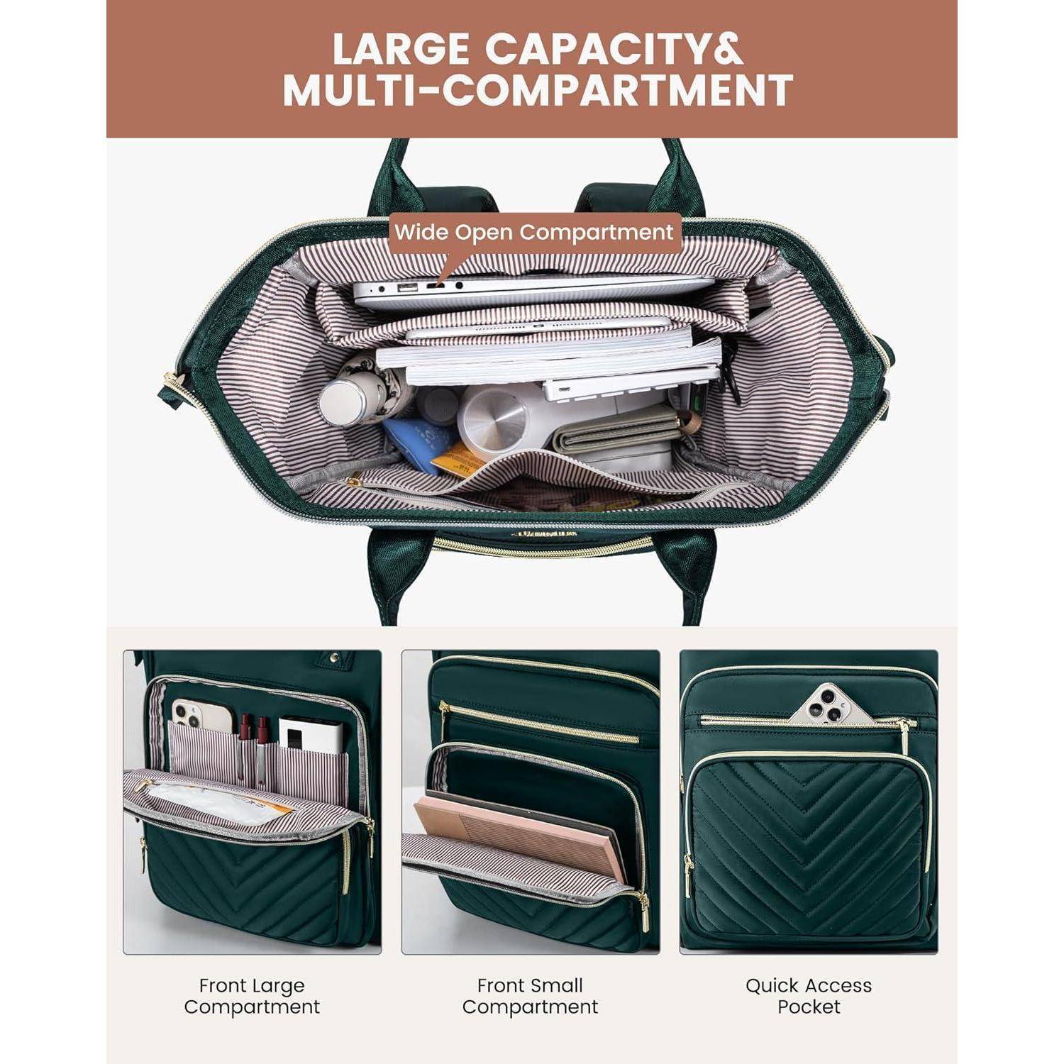 Grüne Tasche mit gestreifter Innenseite geöffnet, die organisierte Gegenstände zeigt: Notizbuch, Wasserflasche, Geräte und Zubehör. Drei beschriftete Abschnitte darunter: ‚Großes Vorderfach', ‚Kleines Vorderfach' und ‚Schnellzugriffstasche'.