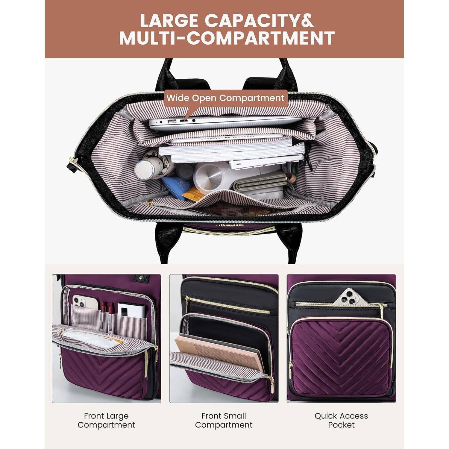 Tragetasche mit weit geöffnetem Fach, in dem mehrere Gegenstände zu sehen sind. Ausgestattet mit großem vorderen Hauptfach, kleinem vorderen Nebenfach und einem schnell zugänglichen Zusatztasche.