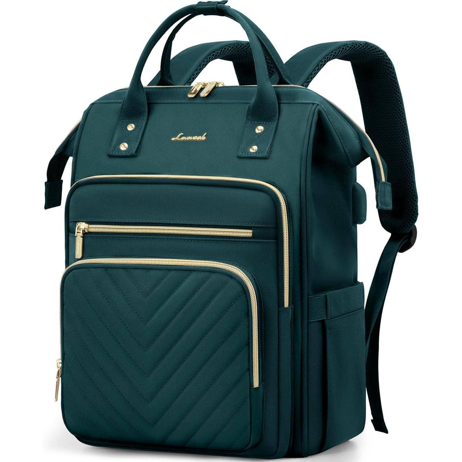 Ein Rucksack in Petrolblau mit goldenen Reißverschlüssen und mehreren Taschen, einschließlich einer gesteppten Vordertasche, robusten Schultergurten und einem Tragegriff oben.