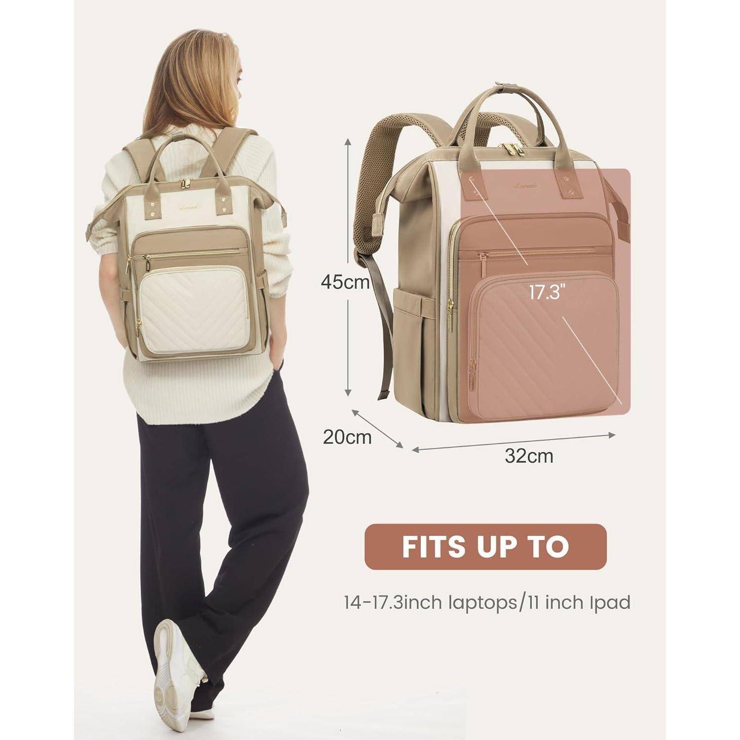 Eine Person trägt einen beigen und weißen Rucksack, der für Laptops mit einer Größe von 14-17,3 Zoll und iPads mit 11 Zoll geeignet ist. Die Abmessungen des Rucksacks werden wie folgt angegeben: 45 cm hoch, 32 cm breit, 20 cm tief.
