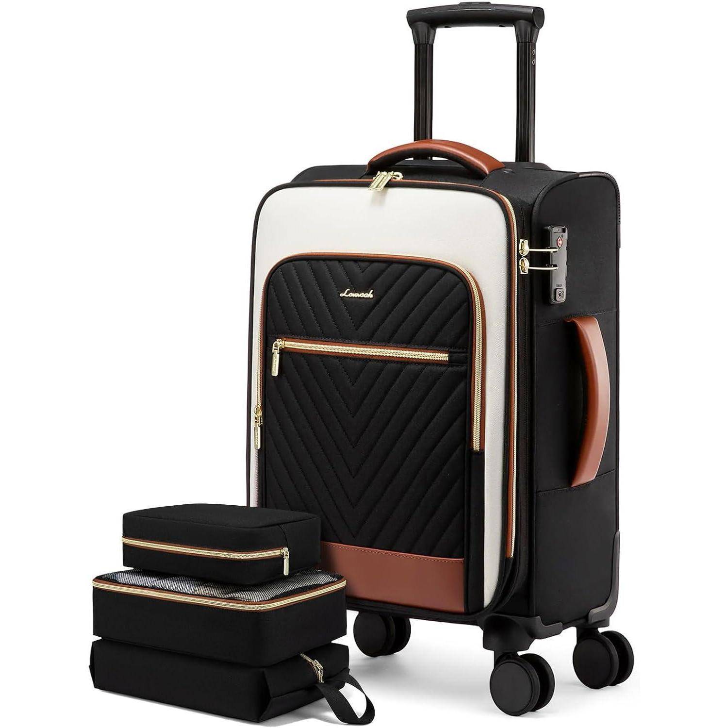 Ein schwarzer und cremefarbener Koffer mit gestepptem Design und braunen Akzenten steht aufrecht neben drei passenden Accessoire-Taschen.