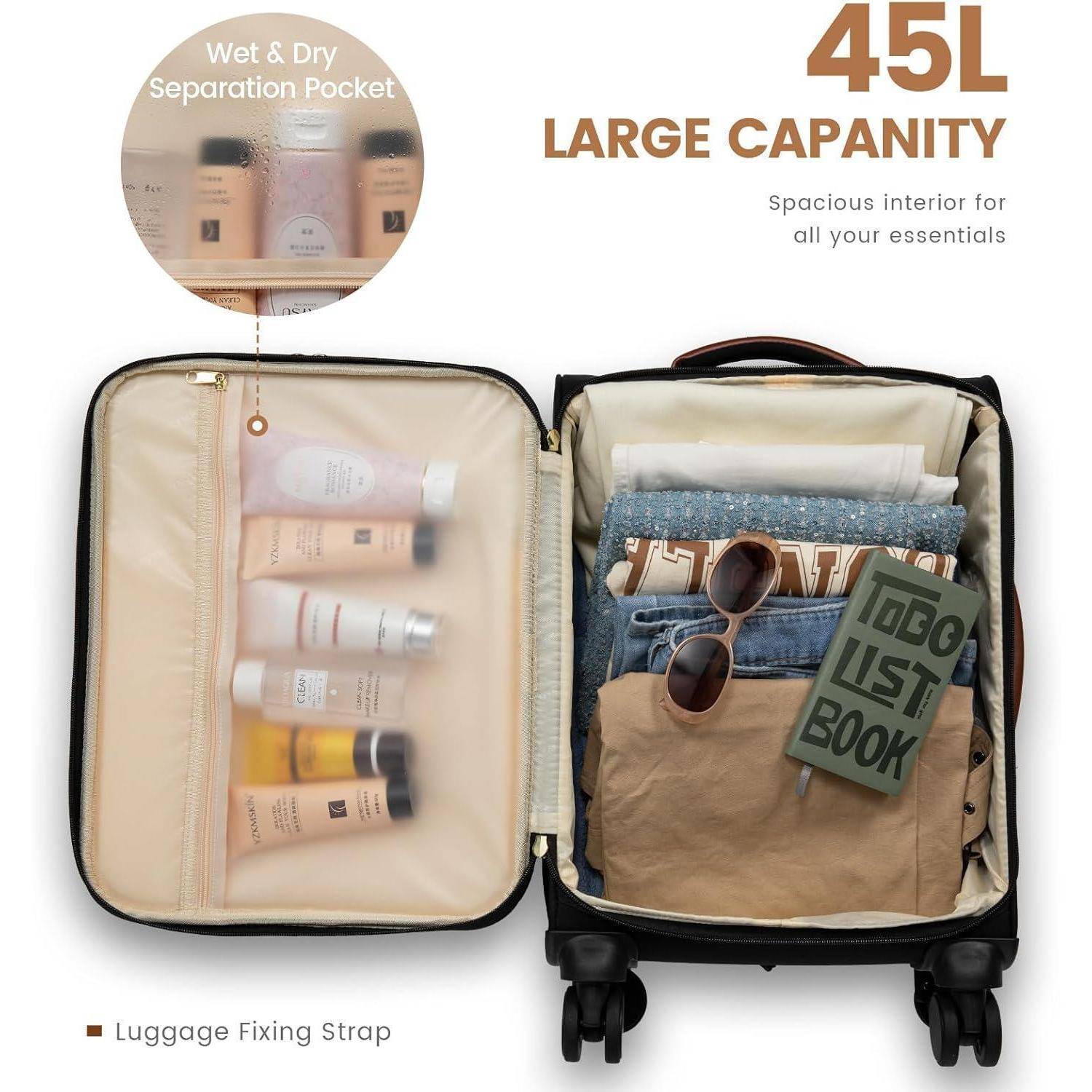 „Offener Koffer mit gefalteten Kleidungsstücken, Sonnenbrille und einem Notizbuch rechts; Toilettenartikel-Flaschen in einer Nass-Trocken-Trennungstasche links.