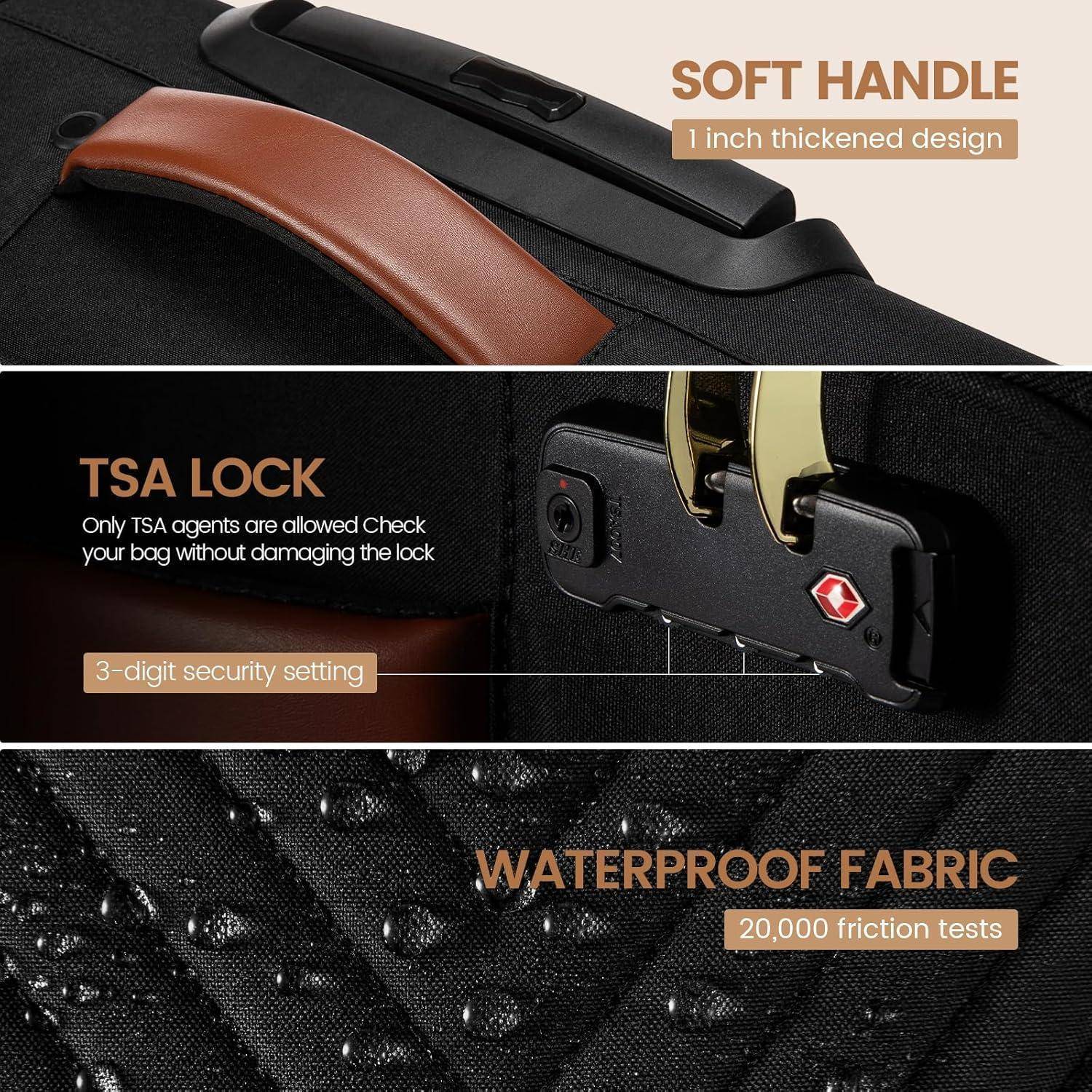 Koffer verfügt über einen weichen Griff, TSA-Schloss für Sicherheit und wasserdichten Stoff, der auf Haltbarkeit getestet wurde.