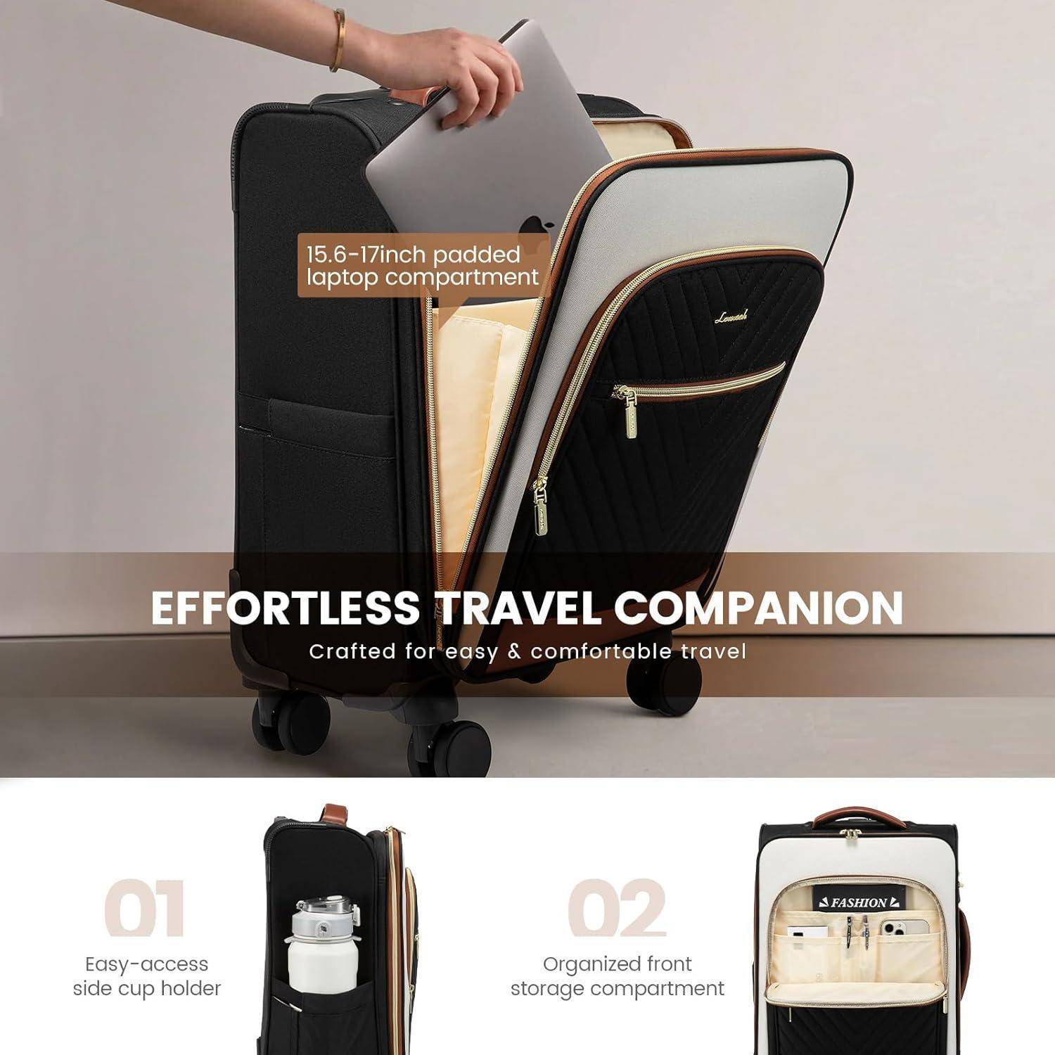 Frau, die einen Laptop in einen Koffer einlegt, mit dem Text 