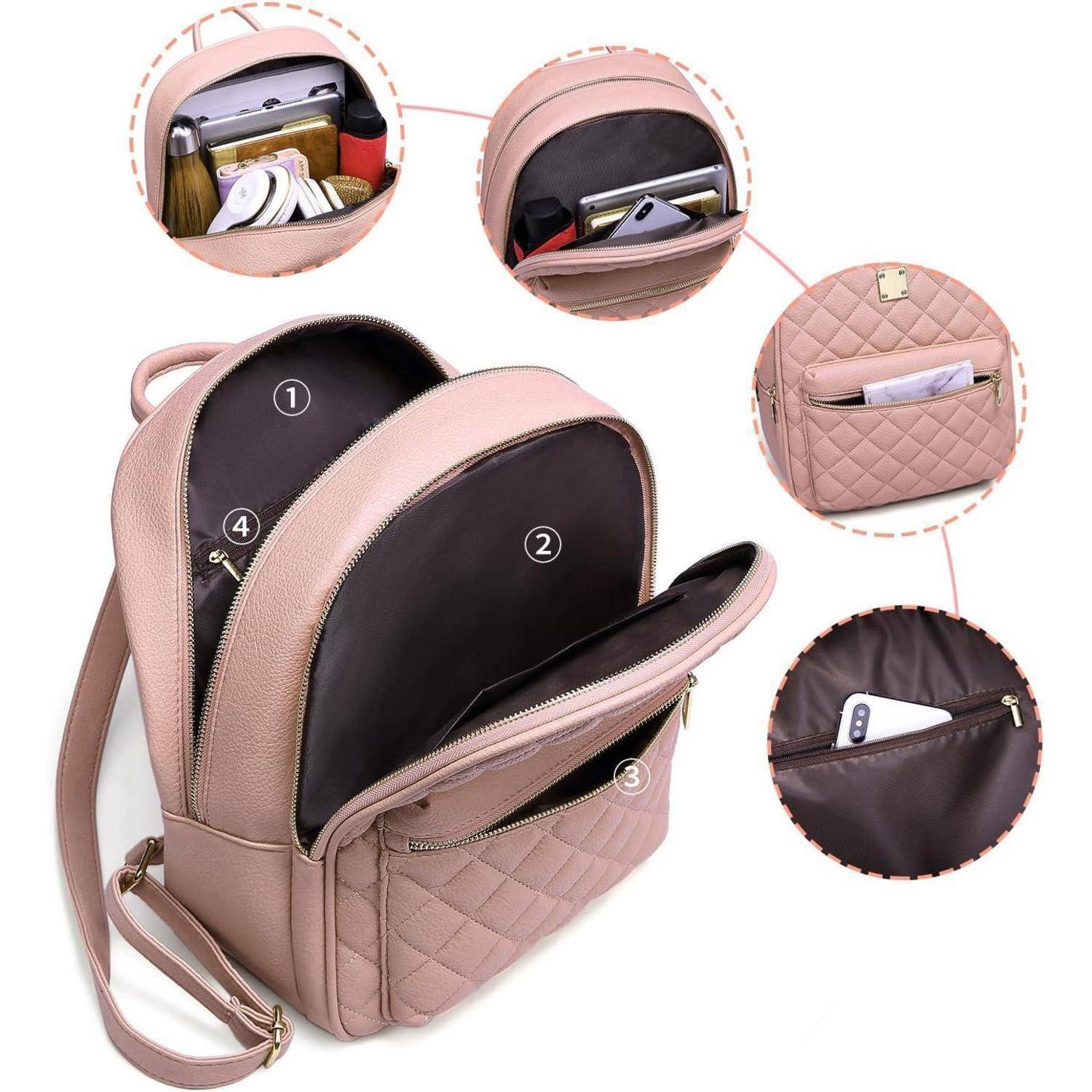 Rosa Rucksack mit mehreren Fächern: ‚1' Hauptfach für Bücher, ‚2' mittleres Fach für Tablets, ‚3' Vorderfach für Handy, ‚4' für Schreibwaren.