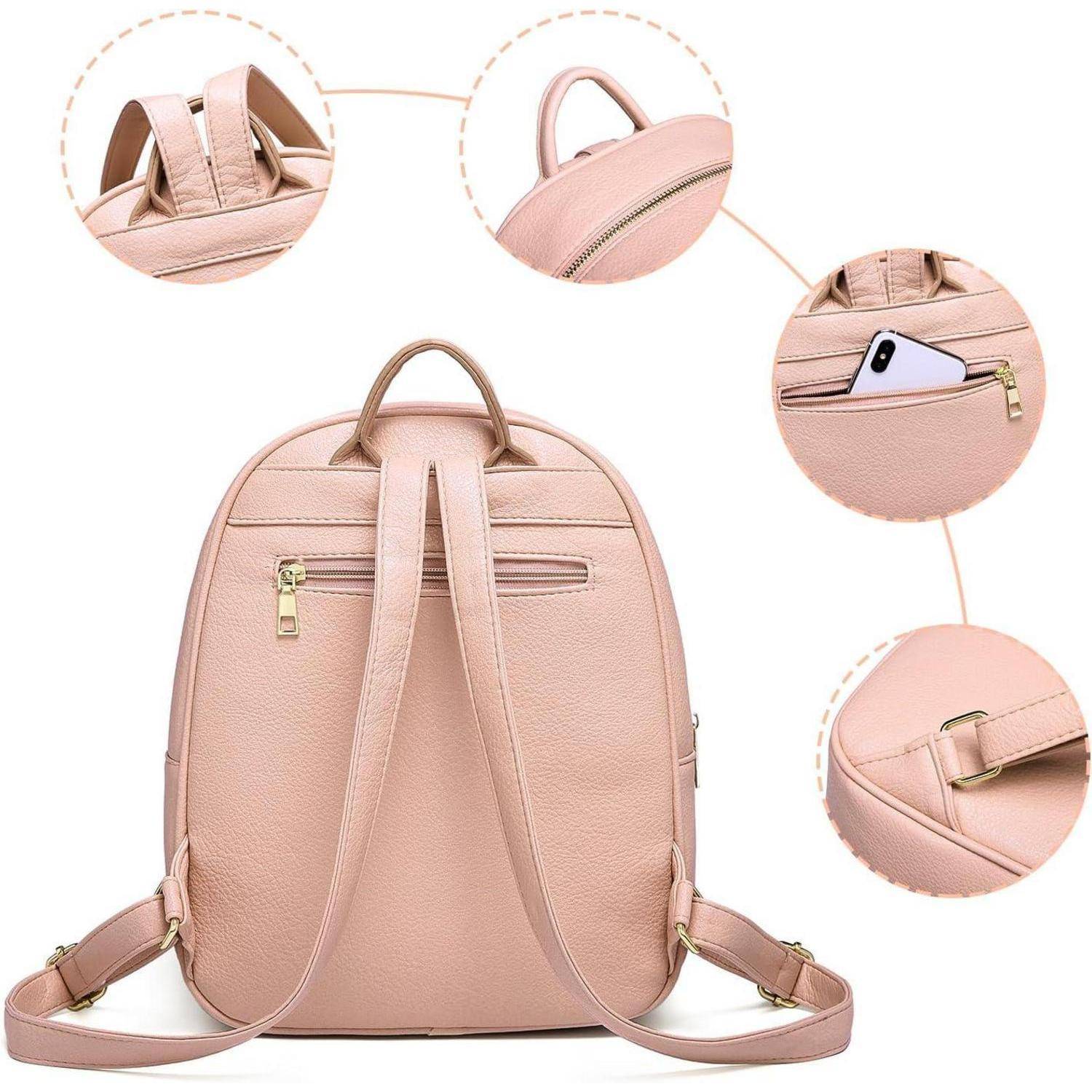 Ein rosa Rucksack, der verschiedene Merkmale zeigt: Griff oben, Reißverschluss-Fächer, eine Handytasche und verstellbare Schultergurte.