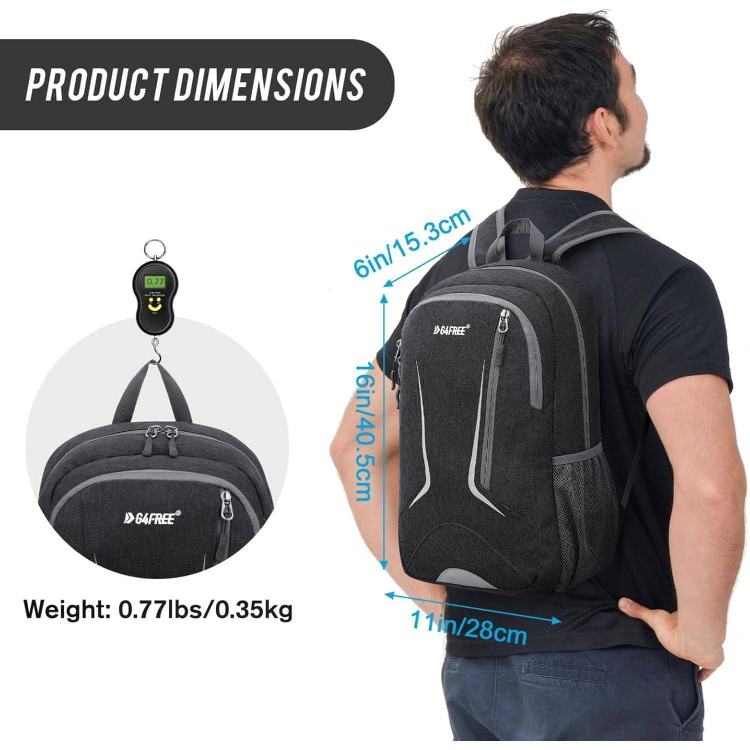 Produktabmessungen': Schwarzer Rucksack an Mann gezeigt, mit Größe 16 Zoll/40,5 cm hoch, 11 Zoll/28 cm breit, 6 Zoll/15,3 cm tief. Gewicht: 0,77 lbs/0,35 kg.