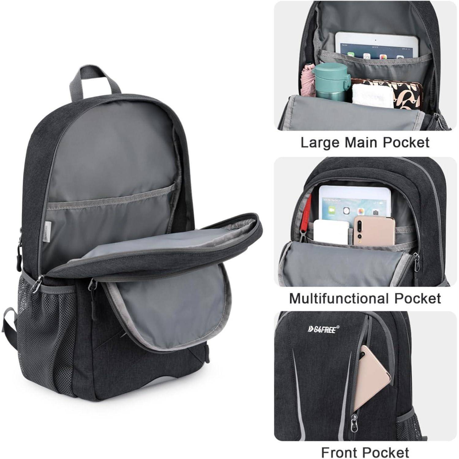 Schwarzer Rucksack mit drei Fächern: großes Hauptfach für Schulutensilien, multifunktionales Fach für Tablet und Handy, Vordertasche.