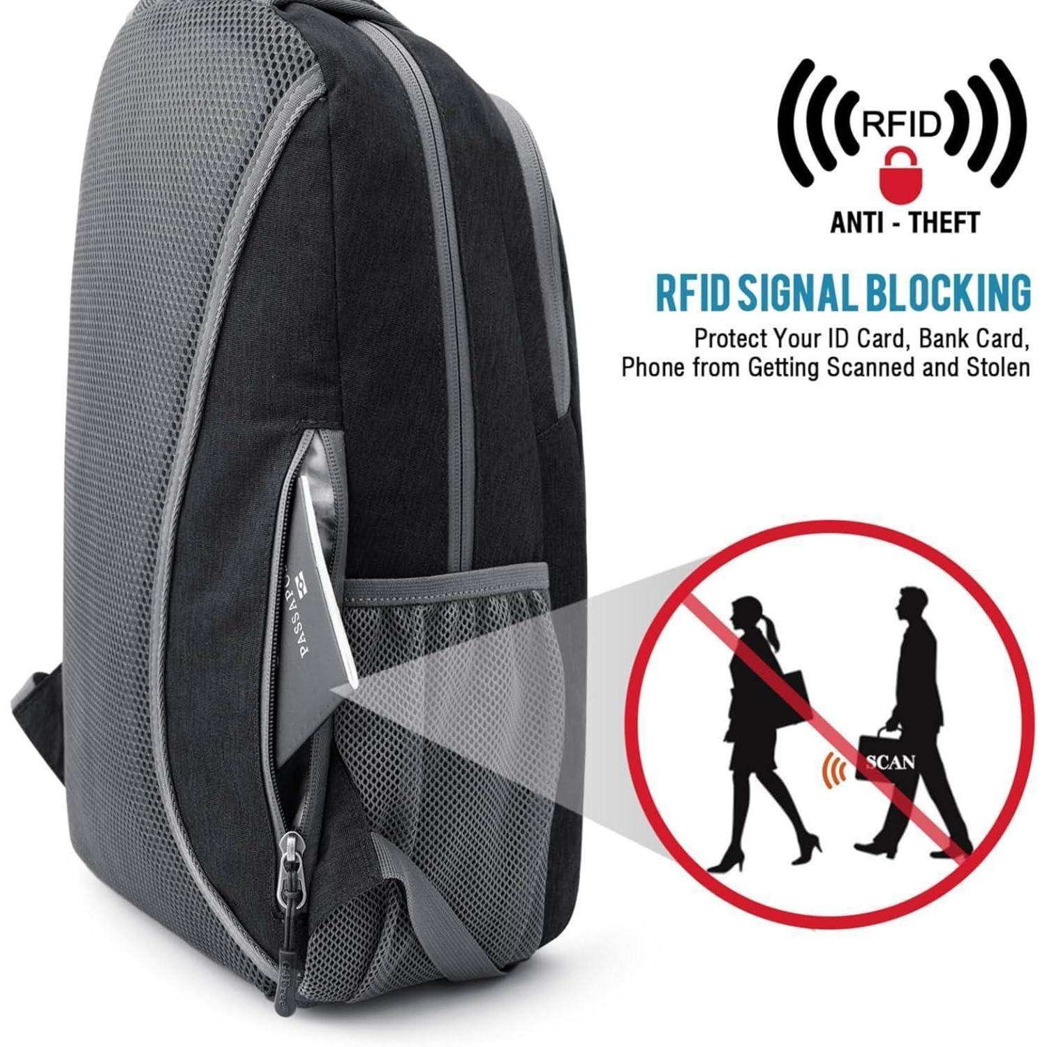 Rucksack mit RFID-Blockierfunktion; Text: 'RFID-Signalblockierung, Schützen Sie Ihre ID-Karte, Bankkarte; Telefon vor dem Scannen und Stehlen.