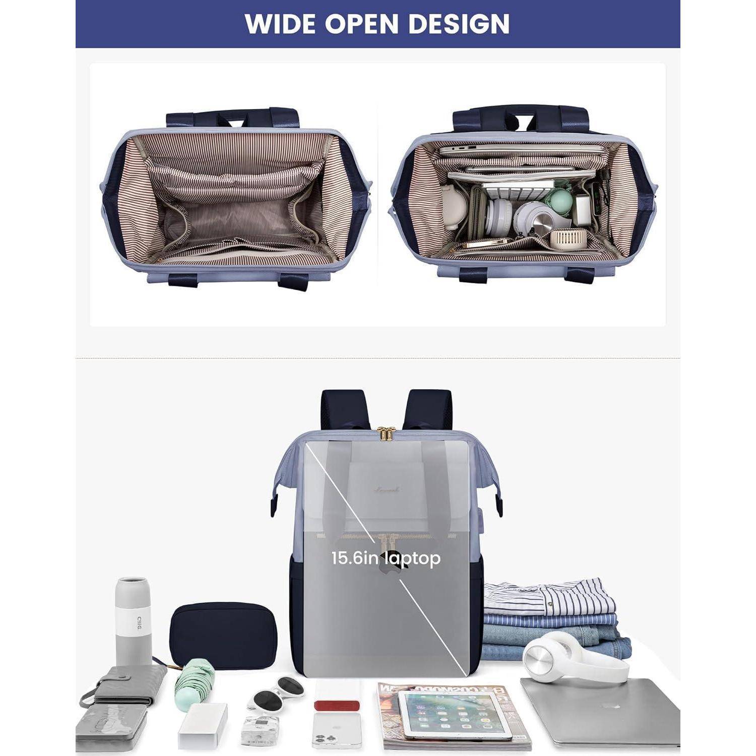 Rucksack mit weit geöffnetem Design, der Fächer zum Verstauen eines Laptops, Geräte und Kleidung zeigt und die Lagerkapazität und Organisation betont.