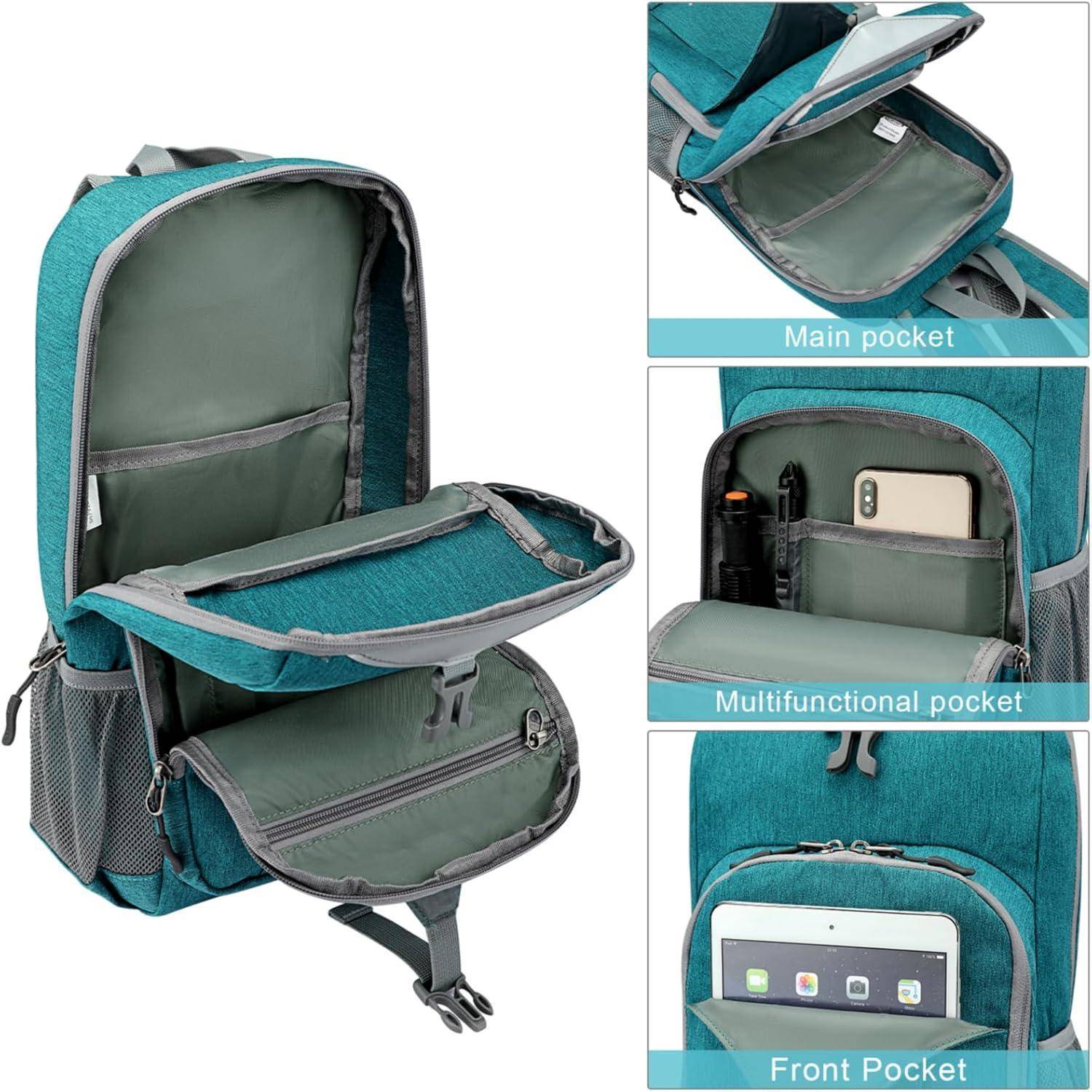 Petrol-blauer Rucksack mit mehreren Taschen: Hauptfach für große Gegenstände, multifunktionales Fach mit Handy- und Stifthalterungen, Vordertasche für Tablet.