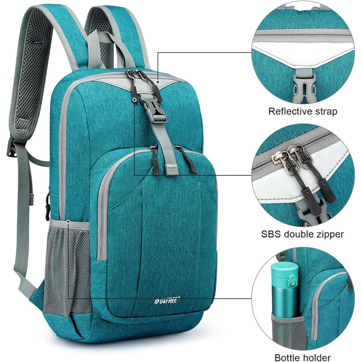 Ein petrolblauer Rucksack mit verstellbaren Trägern verfügt über einen reflektierenden Gurt, einen SBS-Doppelreißverschluss und einen seitlichen Flaschenhalter.