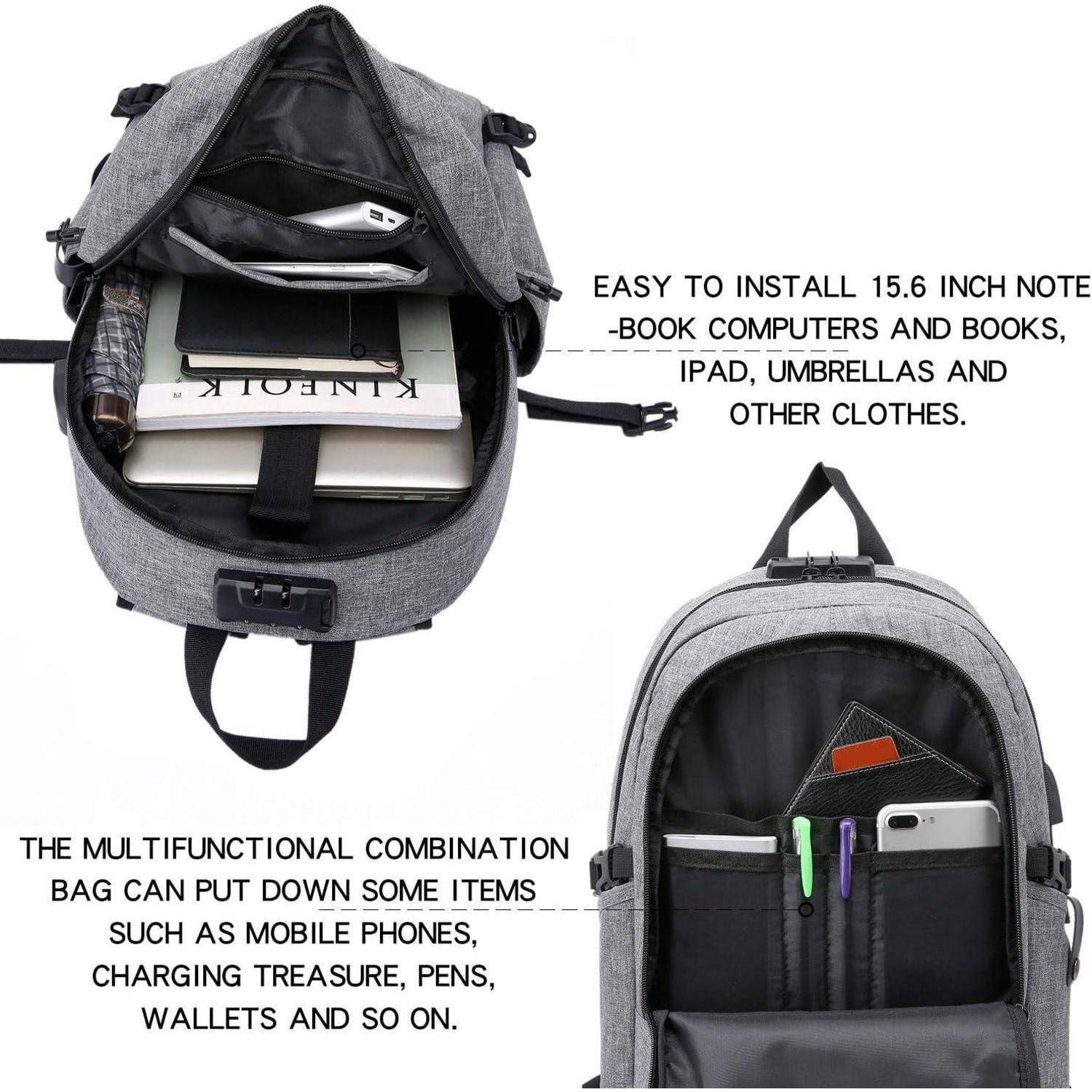 Ein grauer multifunktionaler Rucksack enthält einen Laptop, Bücher, einen Regenschirm und andere Gegenstände, mit Fächern für Handys, Stifte, Geldbörsen und Karten.