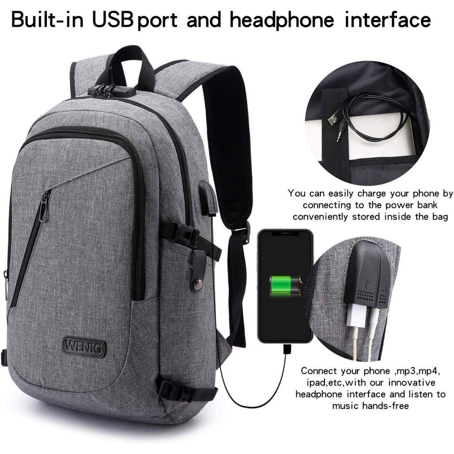 Grauer Rucksack mit integriertem USB-Anschluss und Kopfhörerschnittstelle; Funktionen zeigen das Aufladen eines Telefons und eine Innentasche für eine Powerbank.
