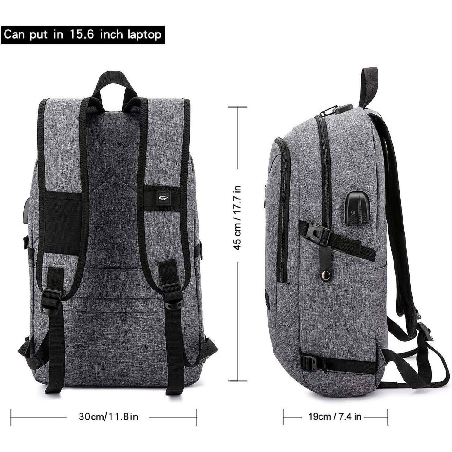 Grauer Rucksack für 15,6-Zoll-Laptop, verstellbare Träger, USB-Ladeanschluss, Abmessungen: 30 cm x 45 cm x 19 cm (11,8 Zoll x 17,7 Zoll x 7,4 Zoll).