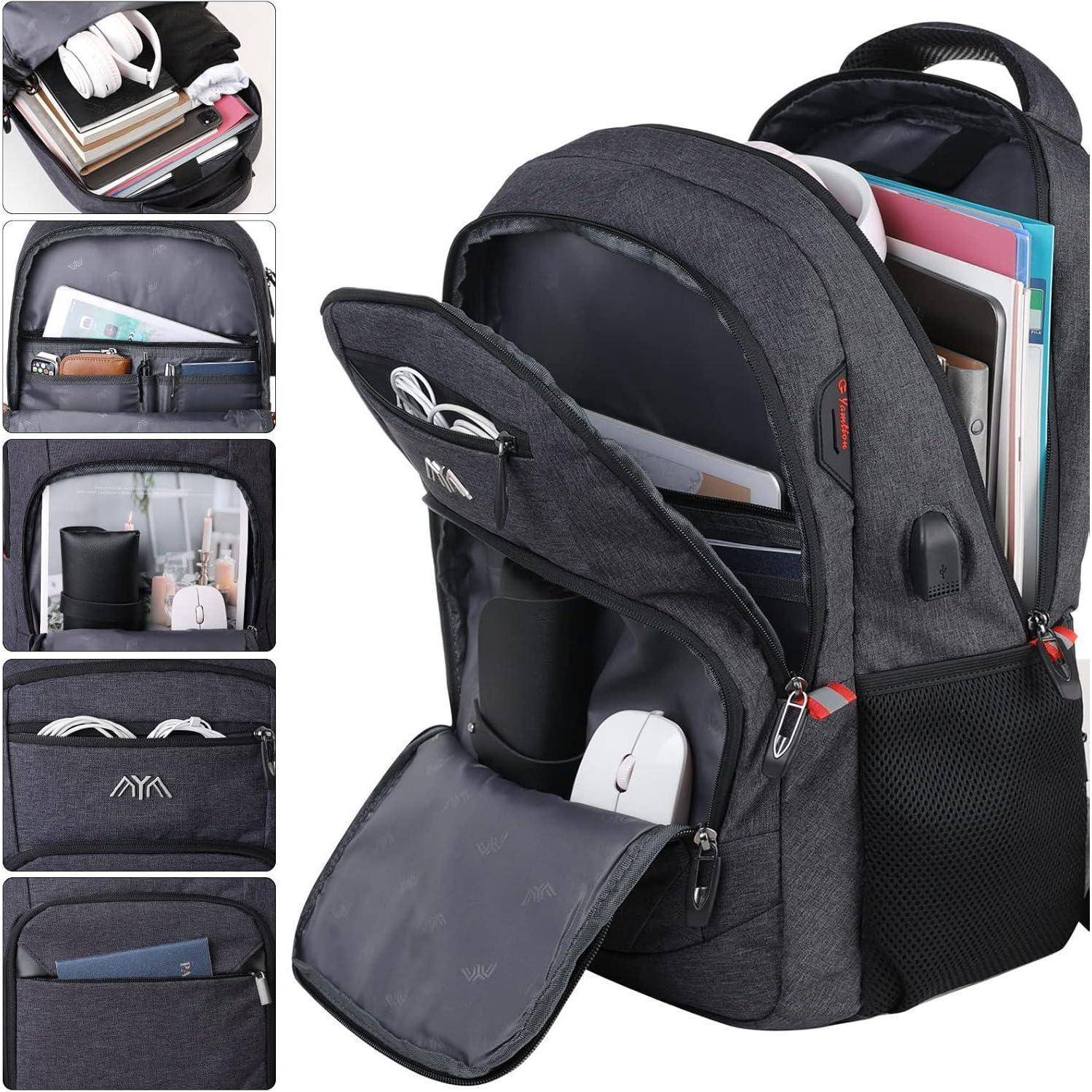 Ein schwarzer Rucksack mit mehreren geöffneten Fächern, der eine Organisation für einen Laptop, Ordner, Geräte und Zubehör veranschaulicht.