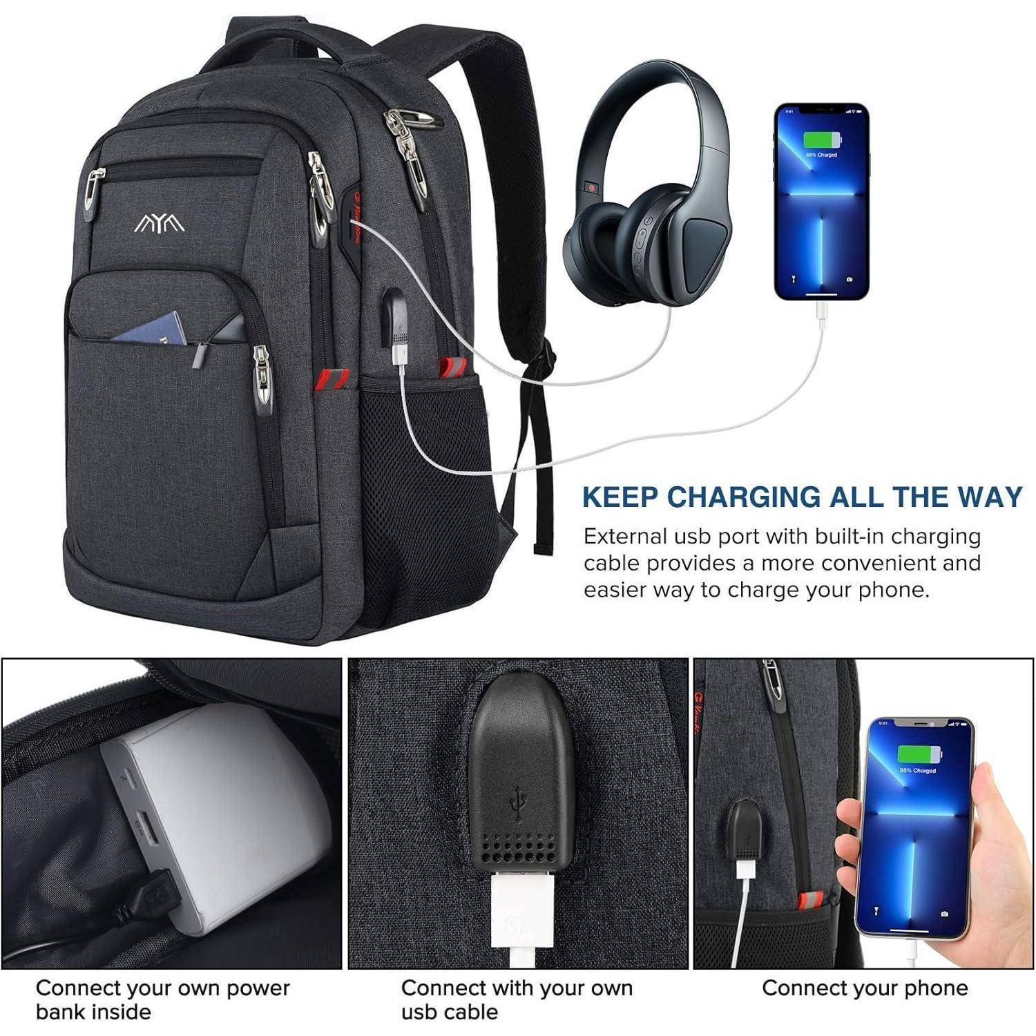 Rucksack mit integriertem USB-Ladeanschluss, präsentiert mit einer Powerbank und einem Smartphone. Inklusive Kopfhörer. Text beschreibt die Ladekonvenience.