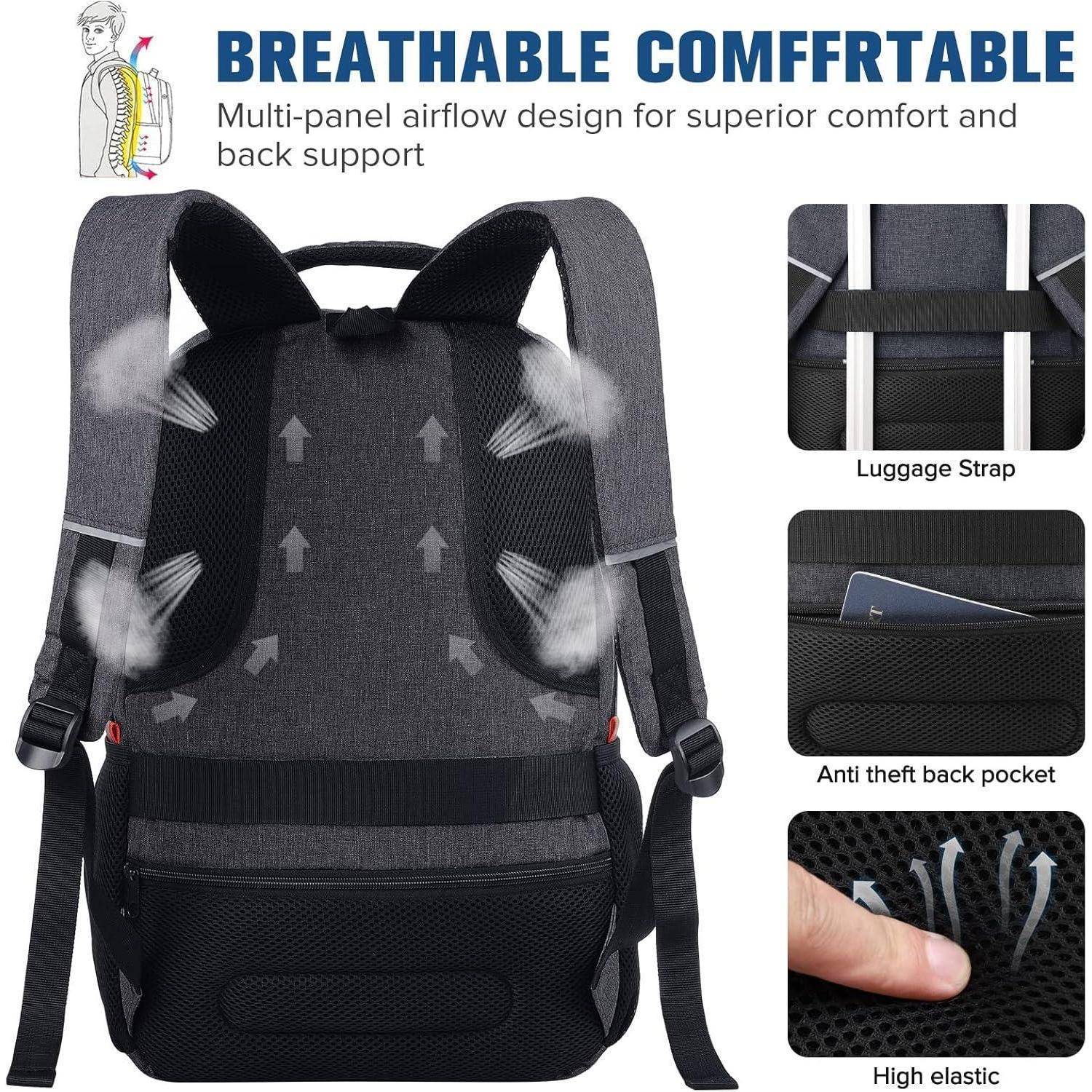 Rucksack mit Luftzirkulations-Design für Komfort und Unterstützung. Merkmale umfassen einen Gepäckgurt, eine diebstahlsichere Rückentasche und hochelastisches Material.