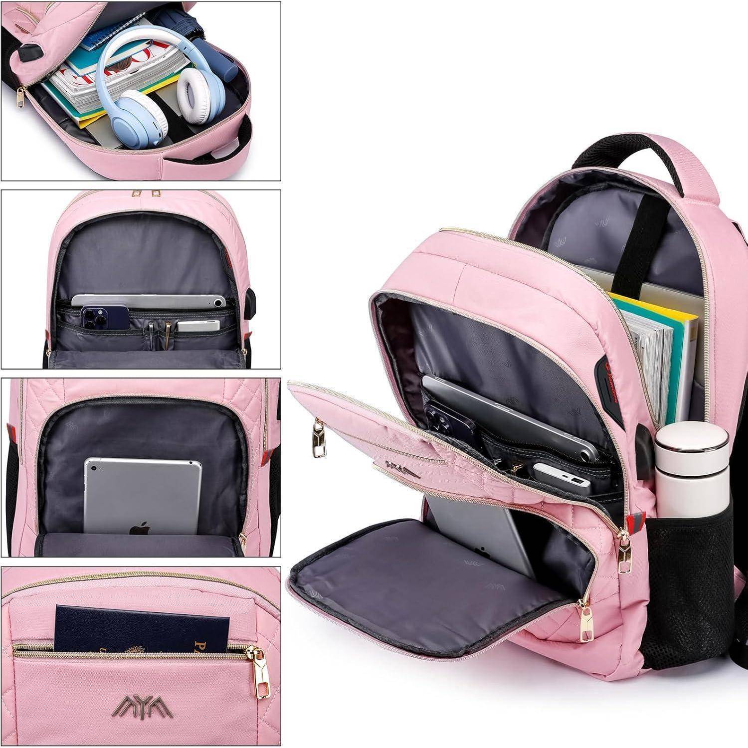 Ein rosa Rucksack verfügt über mehrere Fächer, einschließlich Platz für Bücher, einen Laptop, Kopfhörer und seitliche Taschen für eine Wasserflasche.