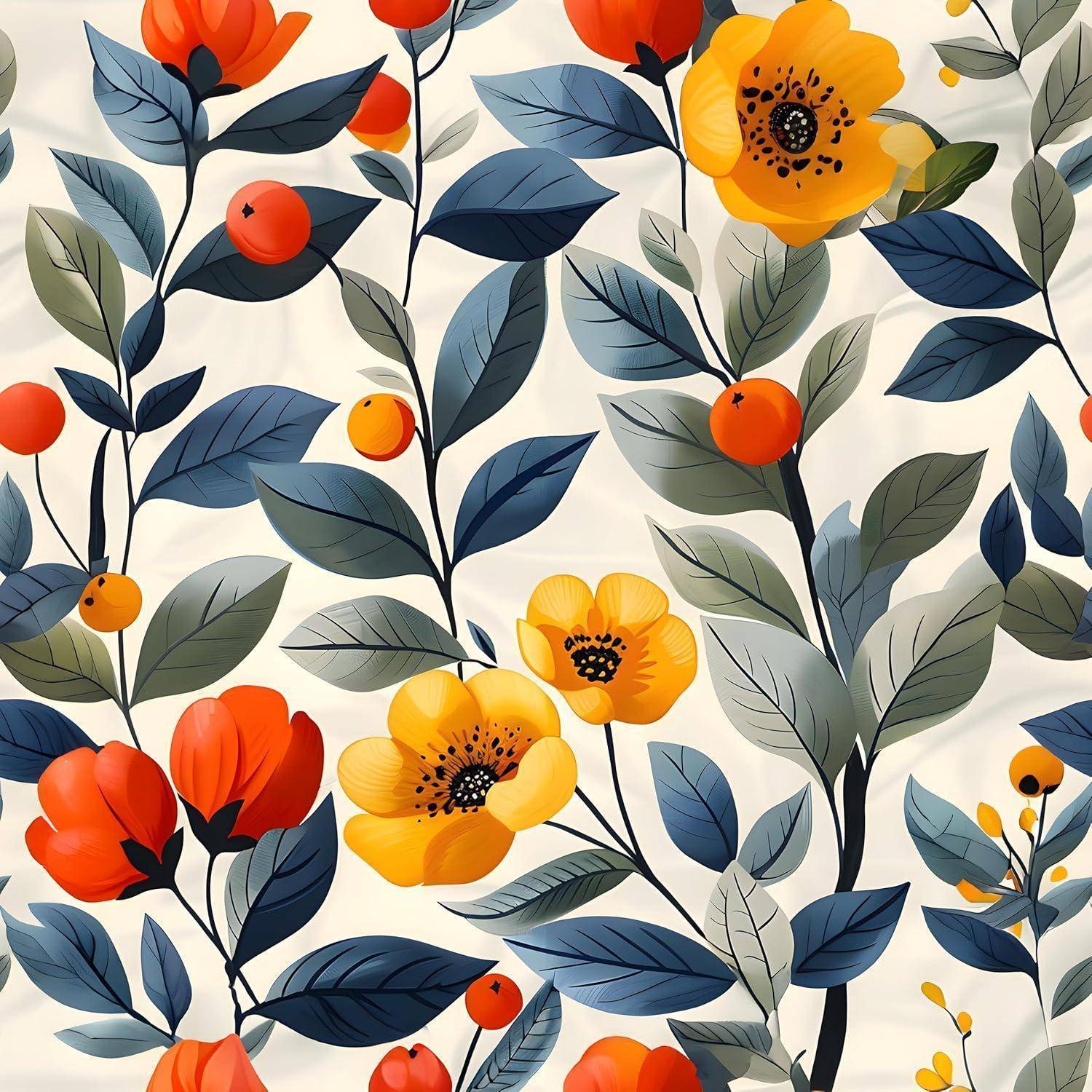 Farbenfrohes Blumenmuster mit roten, gelben und orangefarbenen Blüten und grün-blauen Blättern auf weißem Hintergrund.