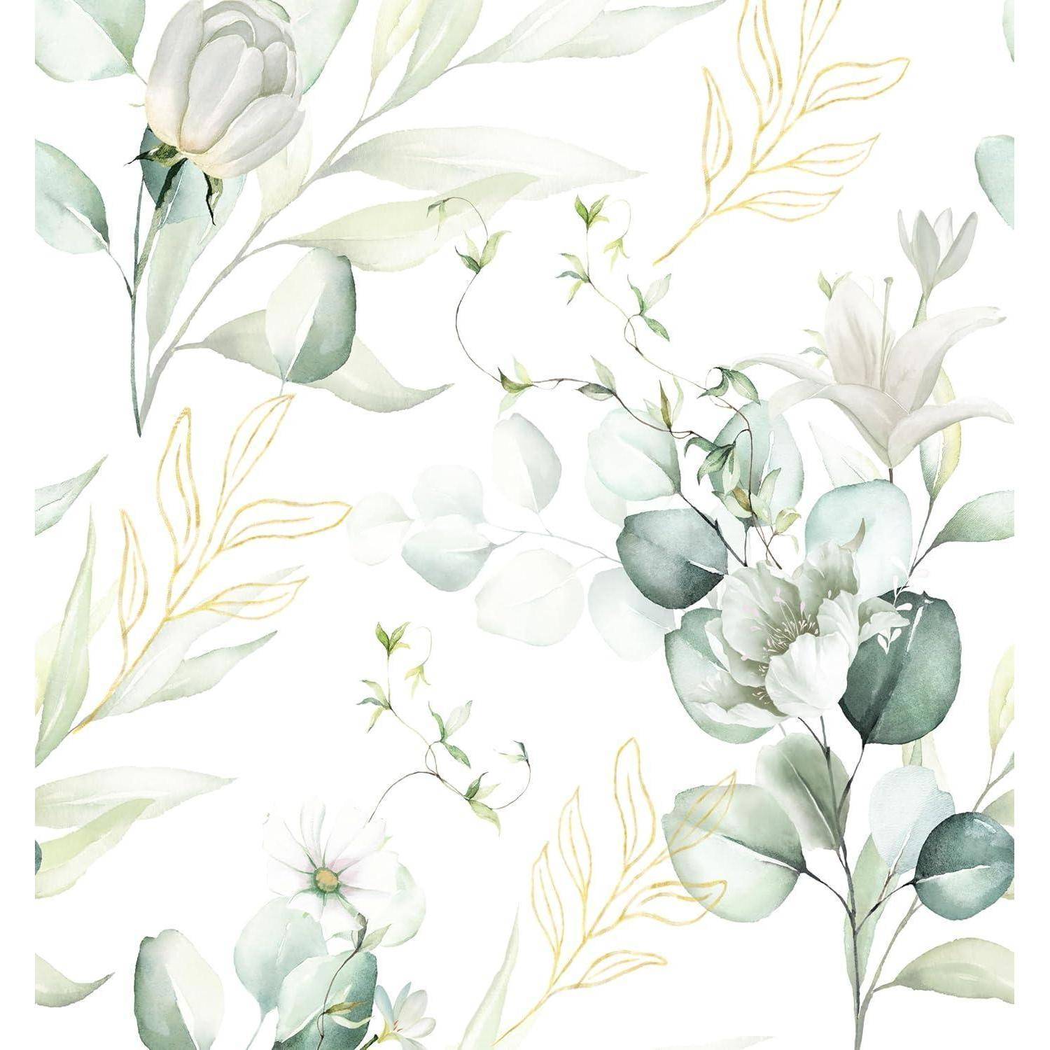 Ein zartes Muster aus grünen und gelben Blättern mit blühenden weißen Blumen, die den Raum in einem weichen, aquarellähnlichen Stil ausfüllen.