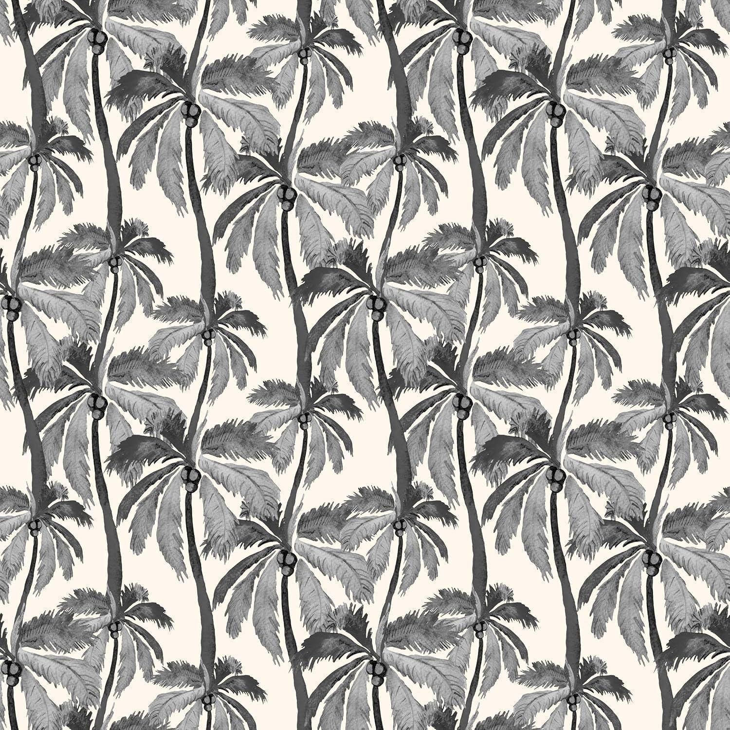 Nahtloses Muster von Palmen im Vintage-Stil in Grautönen auf einem hellen Hintergrund, das eine tropische und Retro-Ästhetik erzeugt.