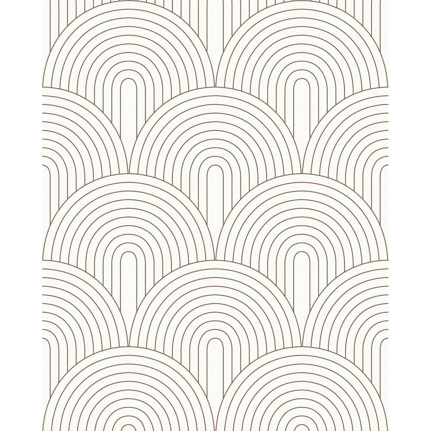 Ein Muster aus überlappenden Bögen, die ein gefächertes Design in dünnen, durchgehenden Linien auf einem hellen Hintergrund erzeugen.