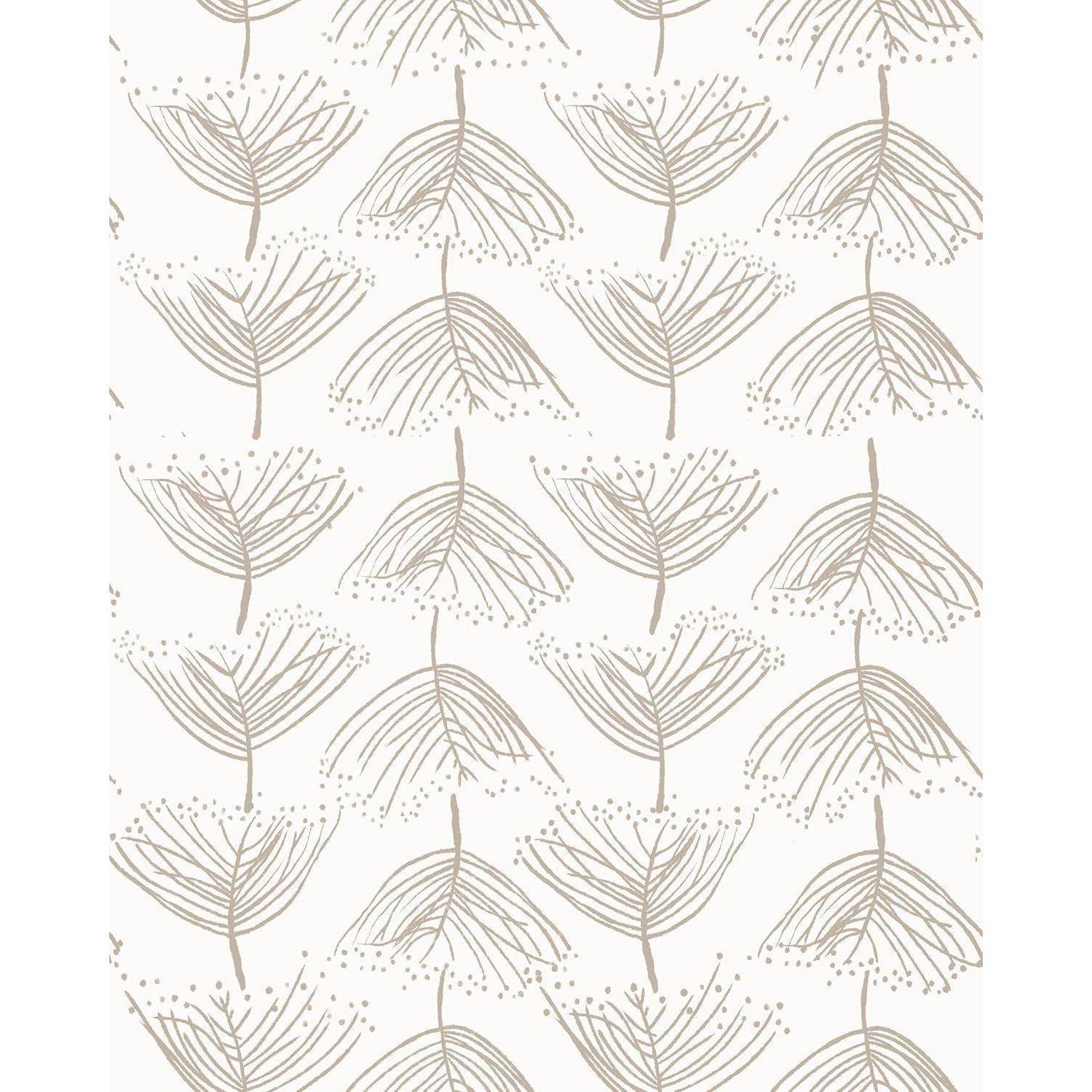 Blatt- und Samenmuster in hellem Braun auf weißem Hintergrund, mit stilisierten botanischen Motiven, die sich in diagonalen Reihen wiederholen.
