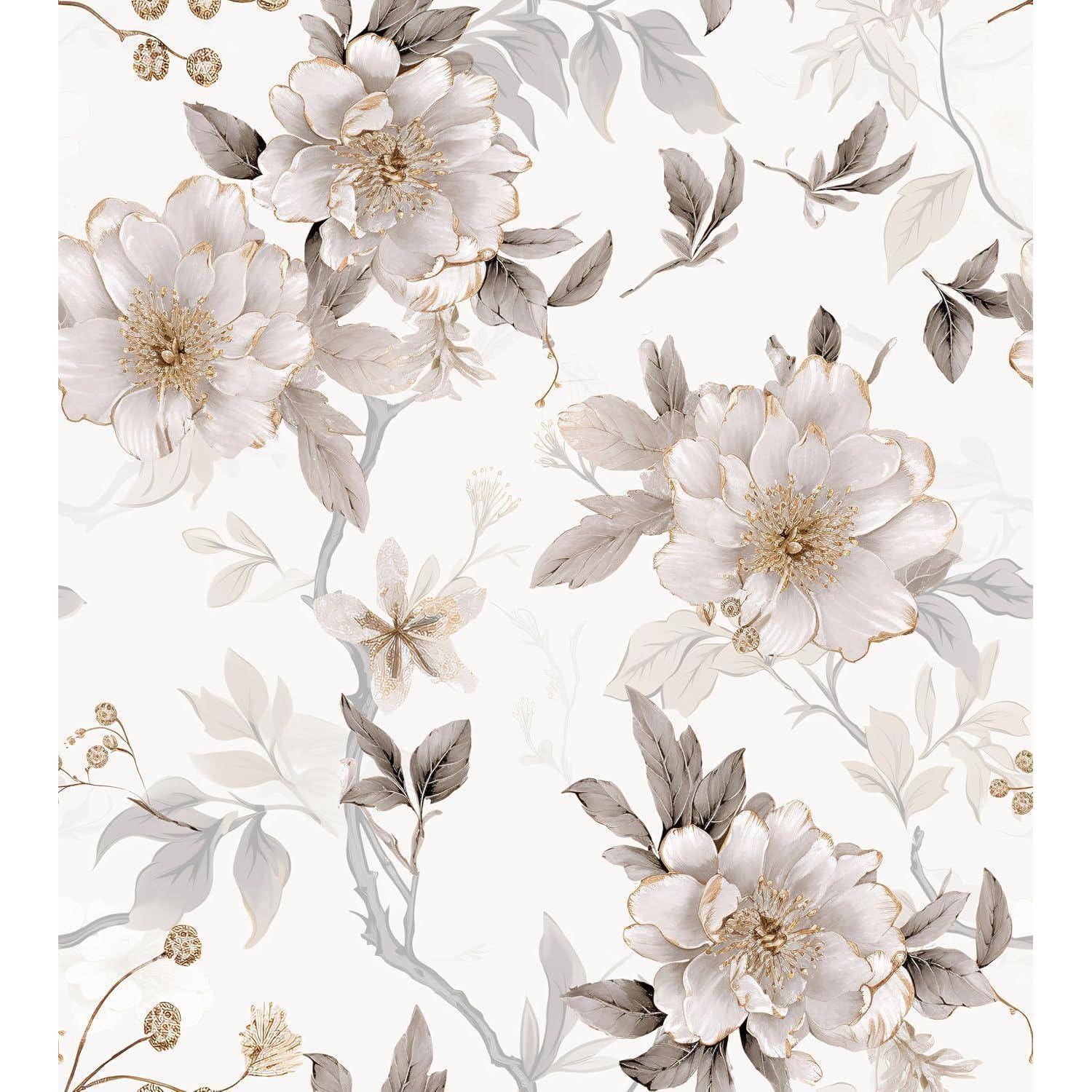 Ein Blumenmuster mit großen, hellgefärbten Blüten und Blättern auf einem cremefarbenen Hintergrund, das ein elegantes und ruhiges Design schafft.