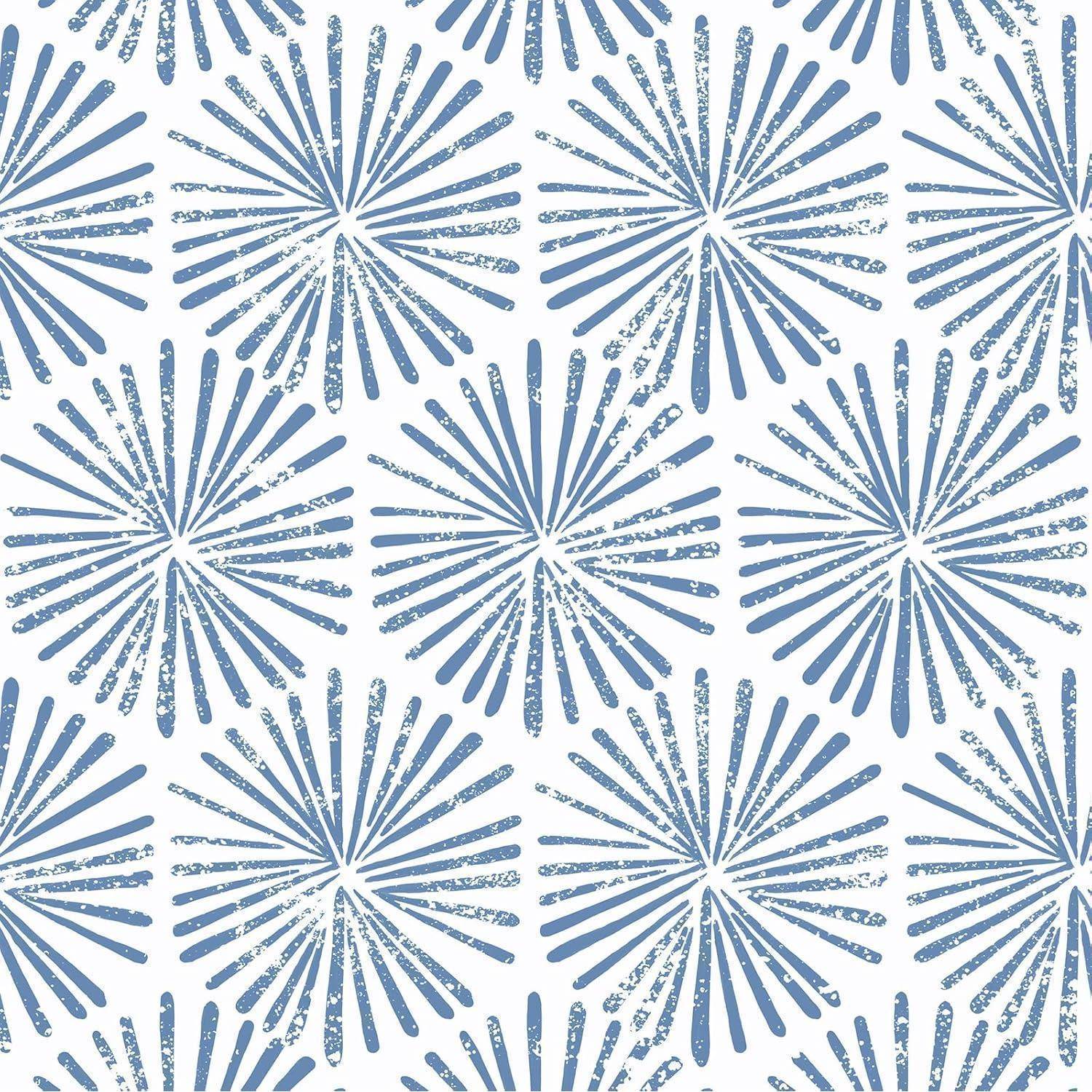 Ein sich wiederholendes Muster aus blauen, radialen Ausbrüchen, die stilisierte, strukturierte Feuerwerke auf einem weißen Hintergrund ähneln.