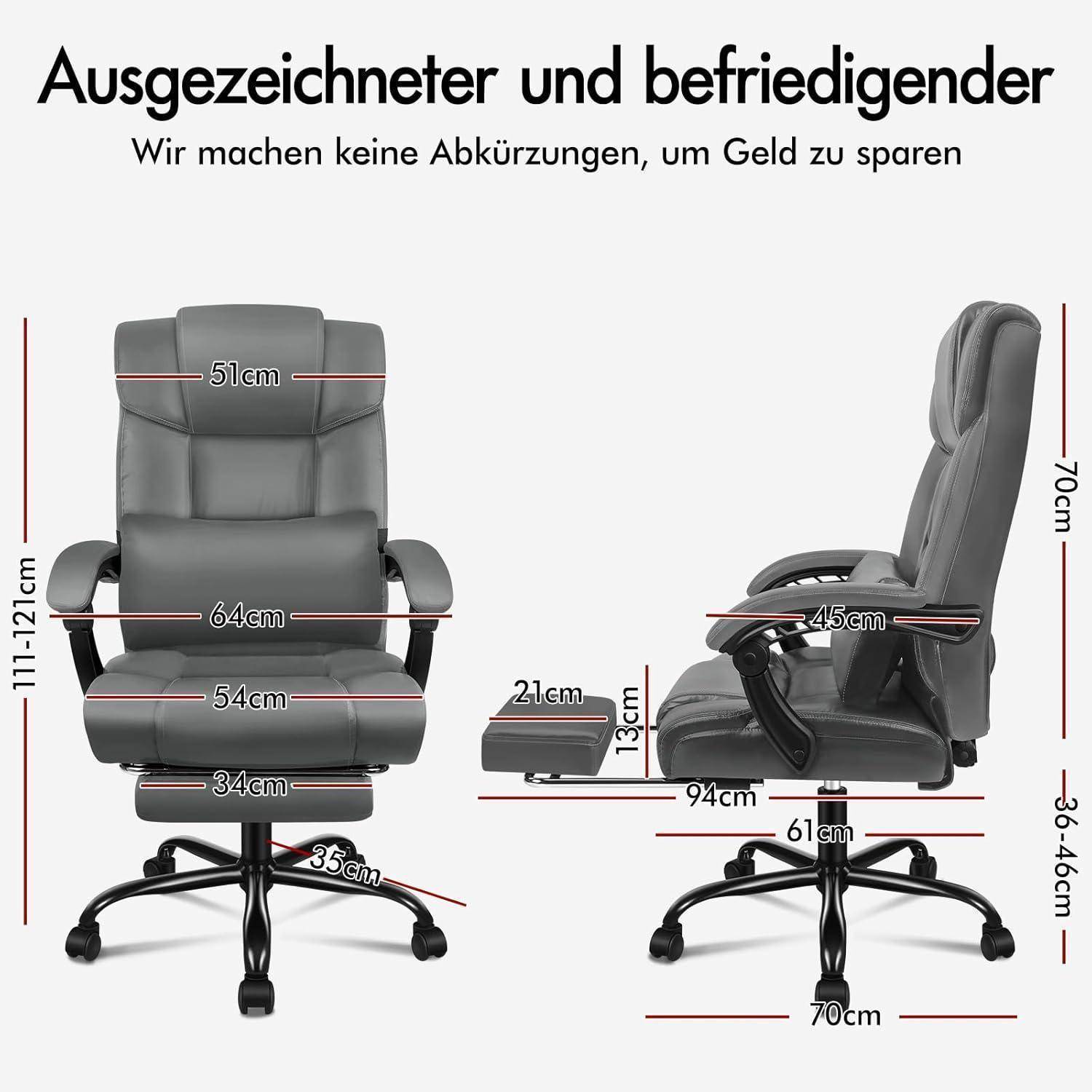 Grauer Bürostuhl mit Polsterung, Armlehnen, verstellbarer Sitzhöhe und gepolsterter Rückenlehne. Detaillierte Maße in Zentimetern angegeben.