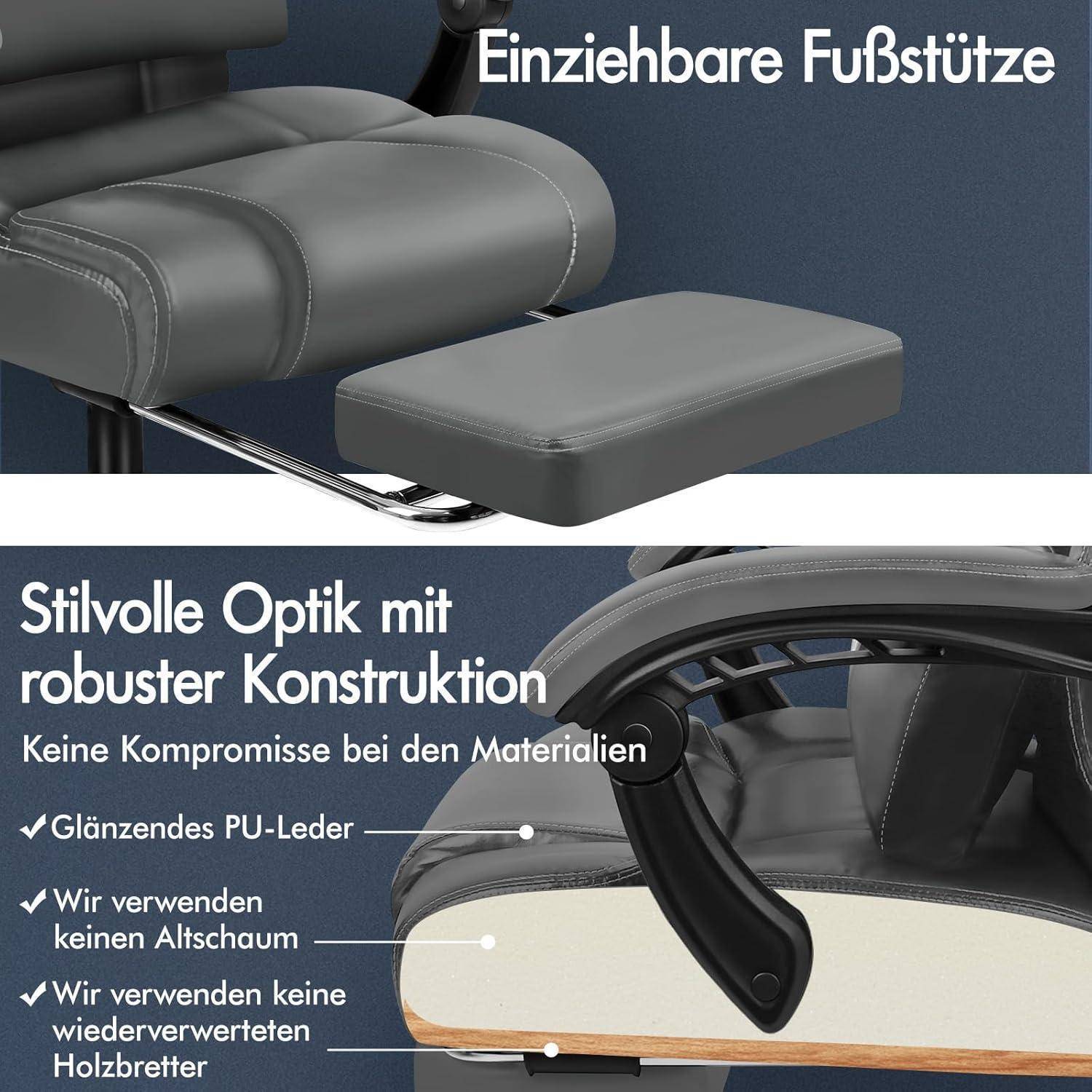Ausziehbare Fußablage' Text über einem Bürostuhl mit ausziehbarer Fußstütze. Zweites Bild hebt das PU-Leder und die Holzelemente des Stuhls hervor.