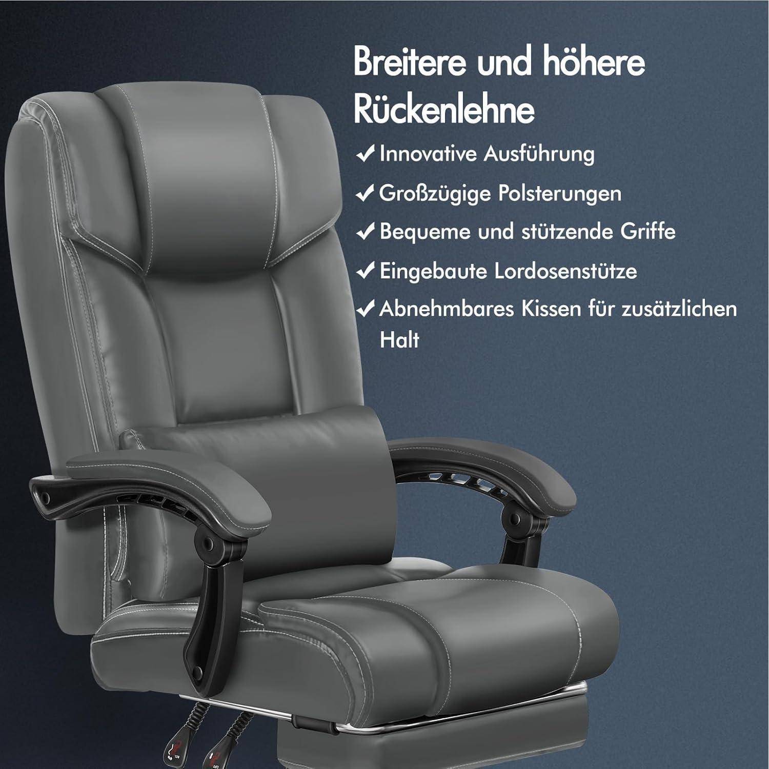 Ein Bürostuhl mit hoher Rückenlehne und ergonomischen Eigenschaften wird hervorgehoben. Zu den Merkmalen gehören innovative Gestaltung, großzügige Polsterung und verstellbare Lendenwirbelstütze.