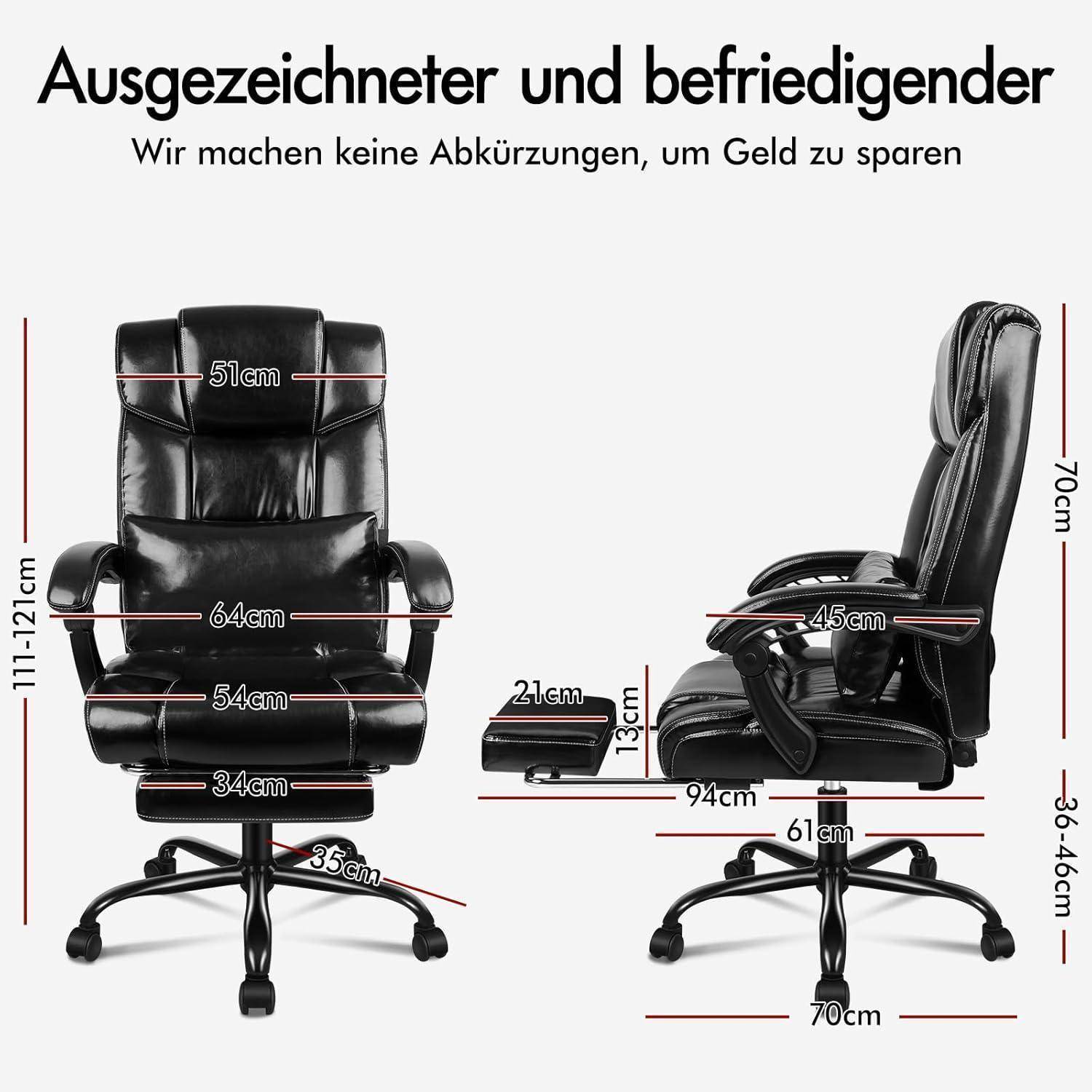 Ein Bürostuhl mit Maßangaben, die die Sitzbreite, Höhenverstellbarkeit und Armlehnenabmessungen detaillieren. Text auf Deutsch: 'Ausgezeichnet und zufriedenstellend'.