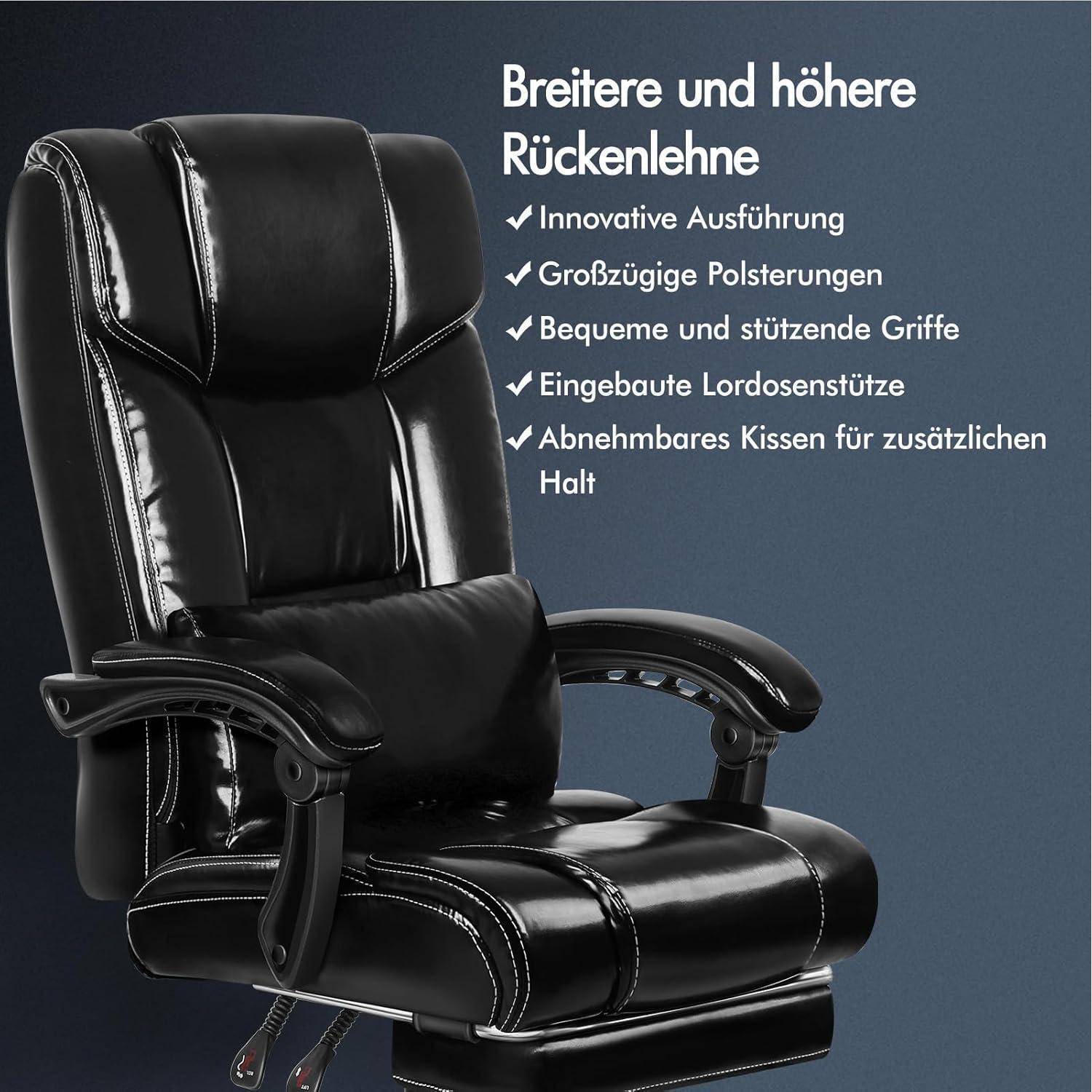 Ein schwarzer ergonomischer Bürostuhl mit hoher Rückenlehne und folgenden Merkmalen: innovative Designästhetik, großzügige Polsterung, unterstützende Griffe, Lendenwirbelstütze, abnehmbares Kissen.