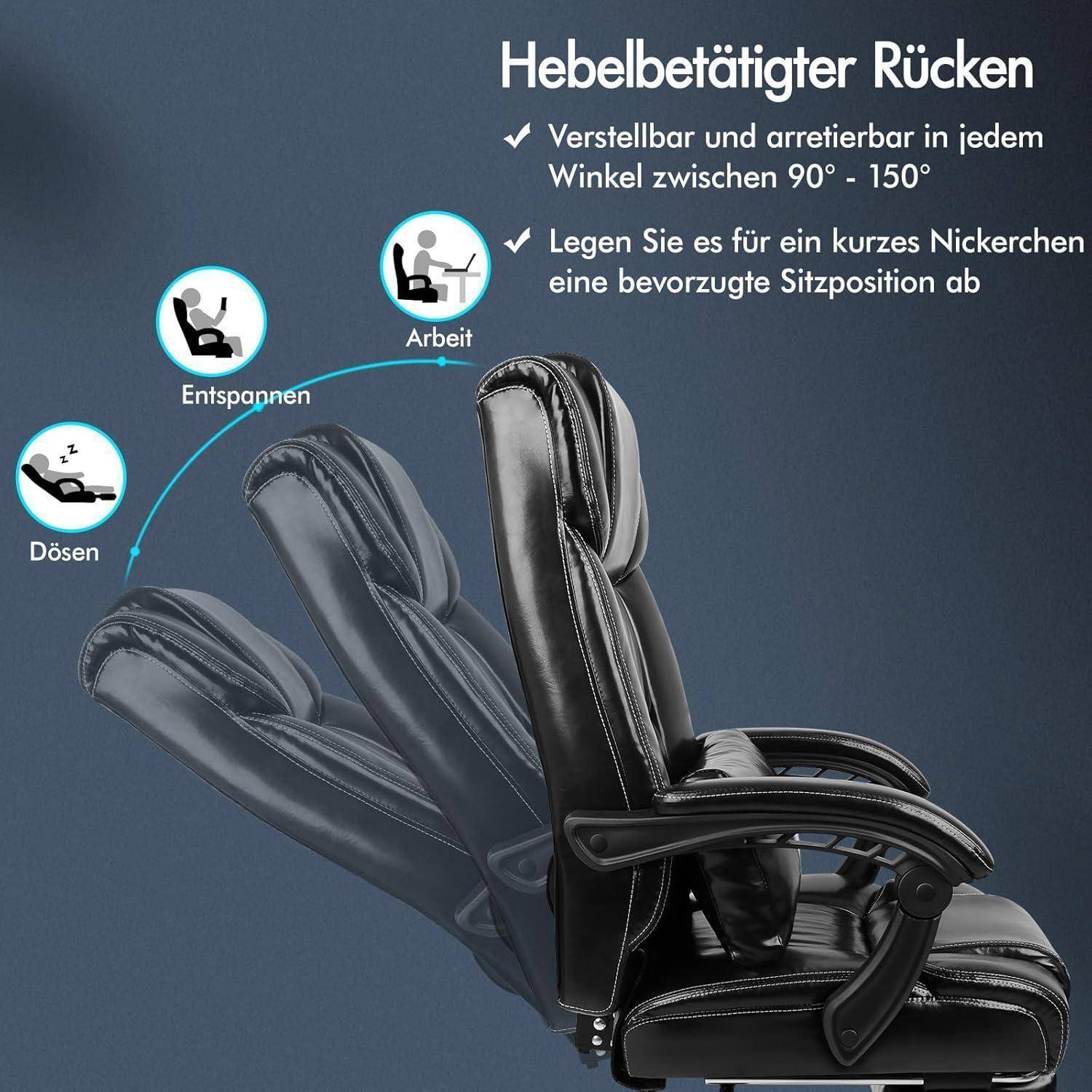 Ergonomischer Bürostuhl mit verstellbarer Rückenlehne von 90 bis 150 Grad. Illustrierte Positionen: Arbeiten, Entspannen, Nickerchen machen.